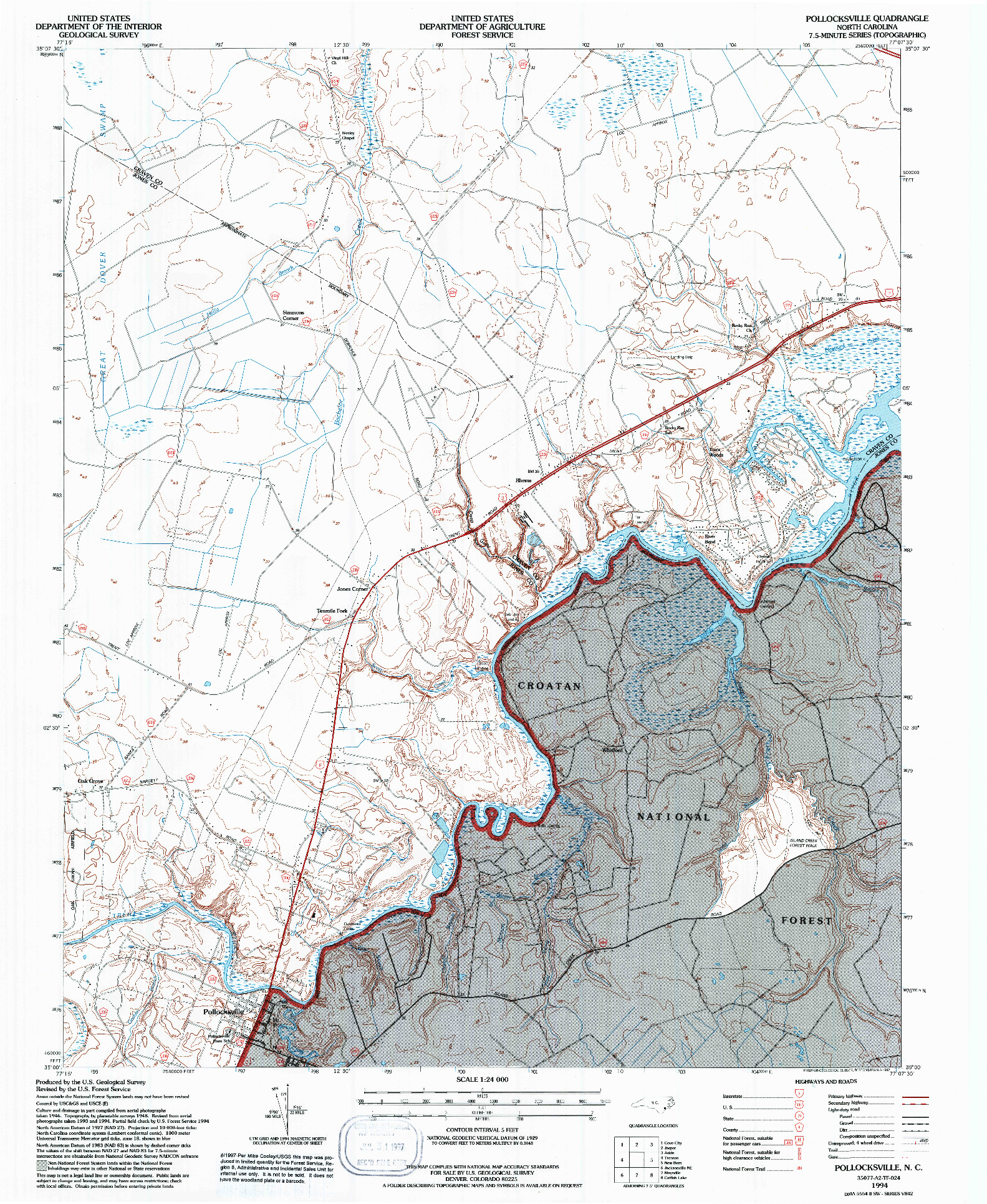 USGS 1:24000-SCALE QUADRANGLE FOR POLLOCKSVILLE, NC 1994