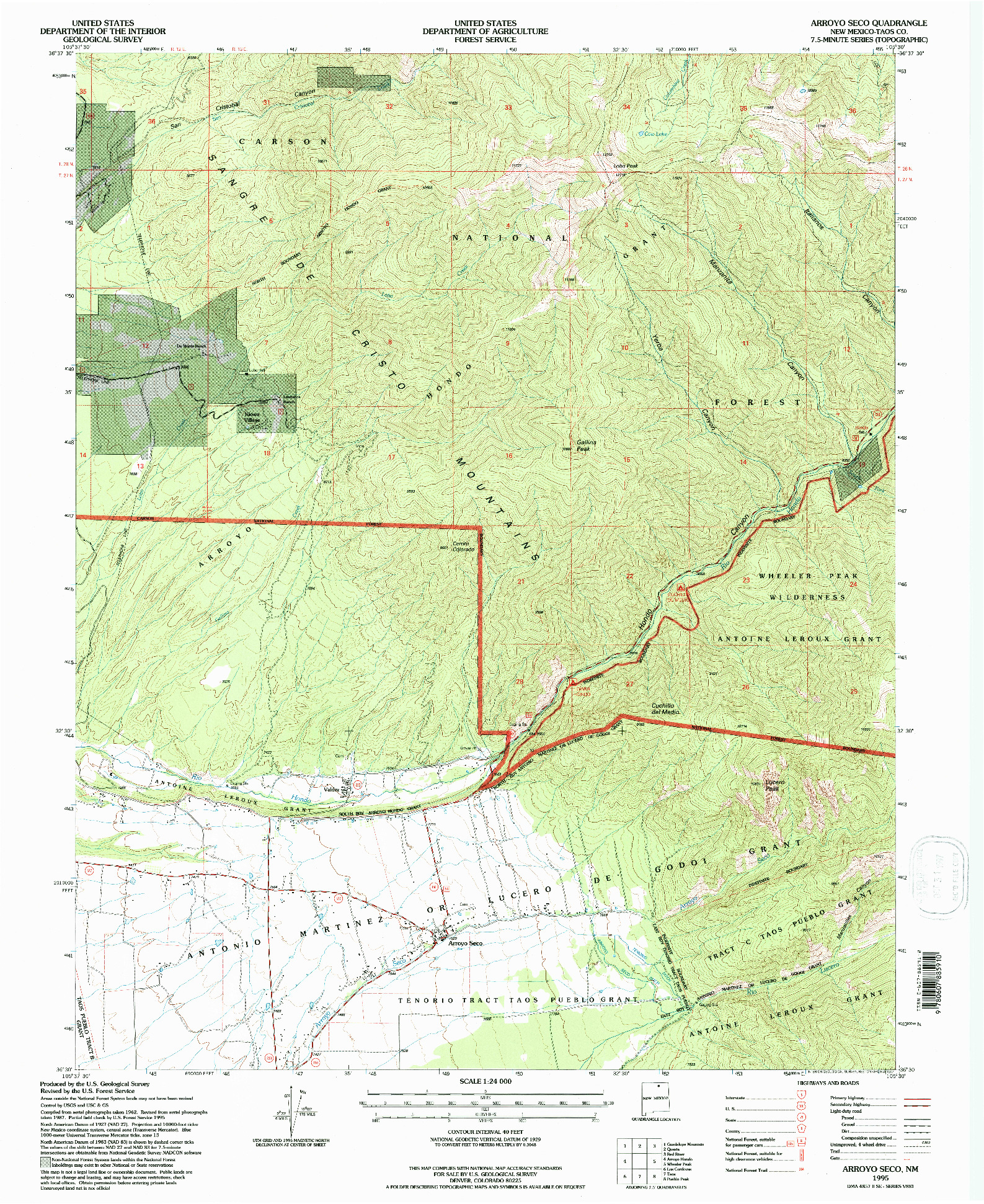 USGS 1:24000-SCALE QUADRANGLE FOR ARROYO SECO, NM 1995