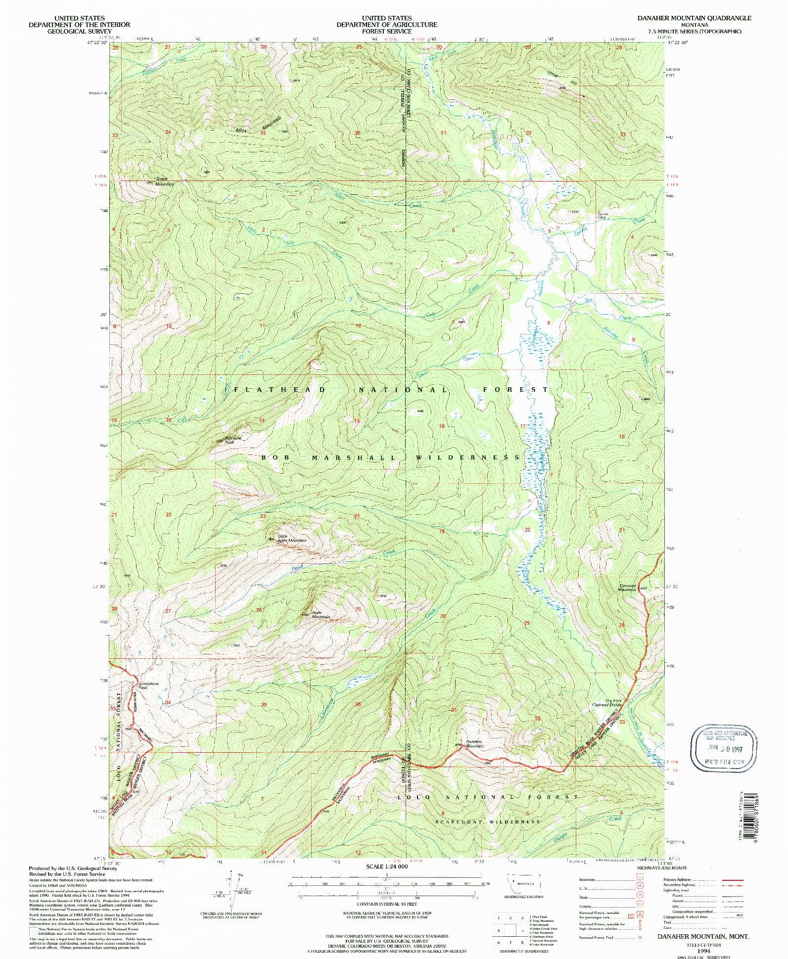 USGS 1:24000-SCALE QUADRANGLE FOR DANAHER MOUNTAIN, MT 1994