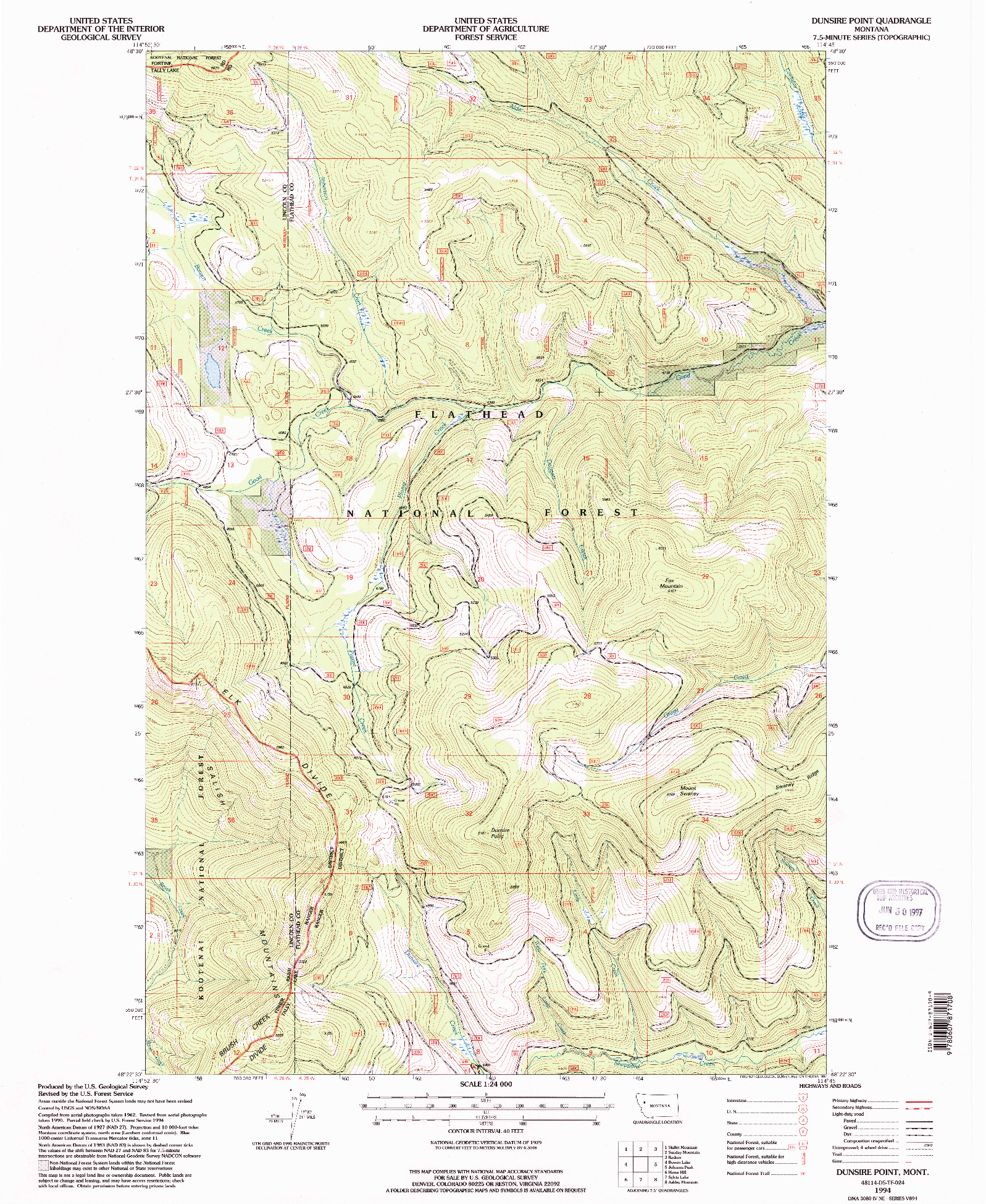 USGS 1:24000-SCALE QUADRANGLE FOR DUNSIRE POINT, MT 1994