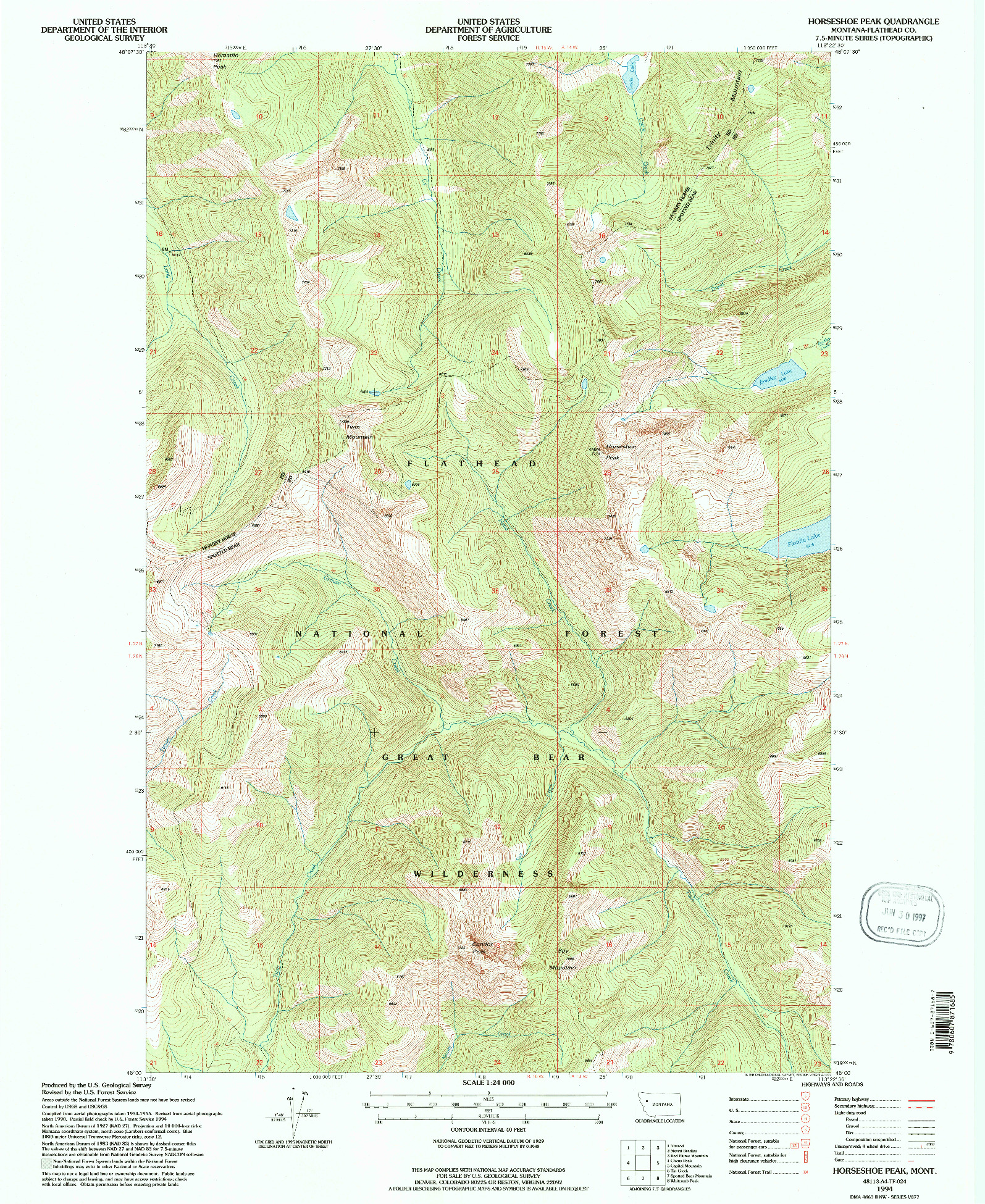 USGS 1:24000-SCALE QUADRANGLE FOR HORSESHOE PEAK, MT 1994