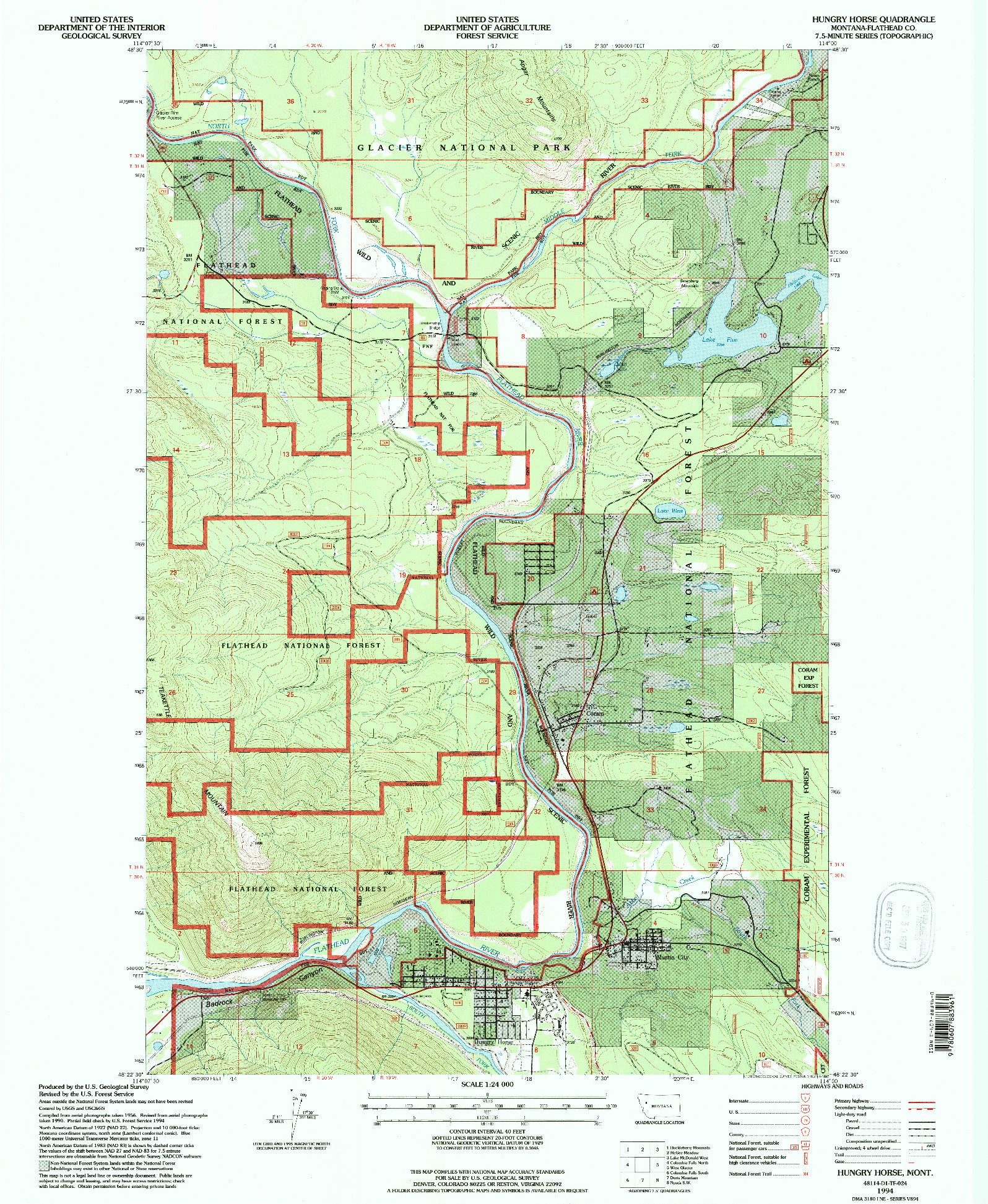 USGS 1:24000-SCALE QUADRANGLE FOR HUNGRY HORSE, MT 1994