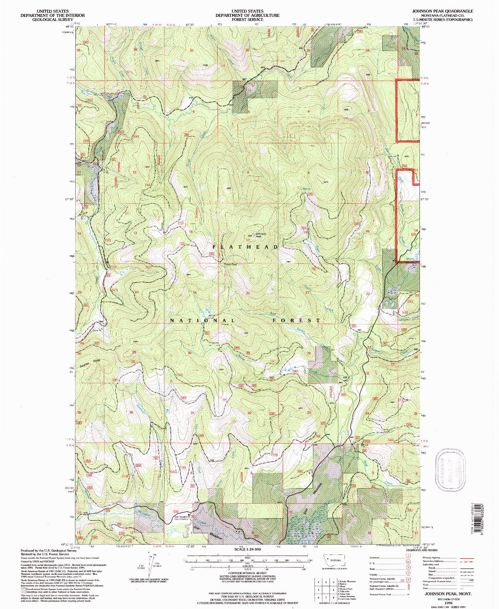 USGS 1:24000-SCALE QUADRANGLE FOR JOHNSON PEAK, MT 1994