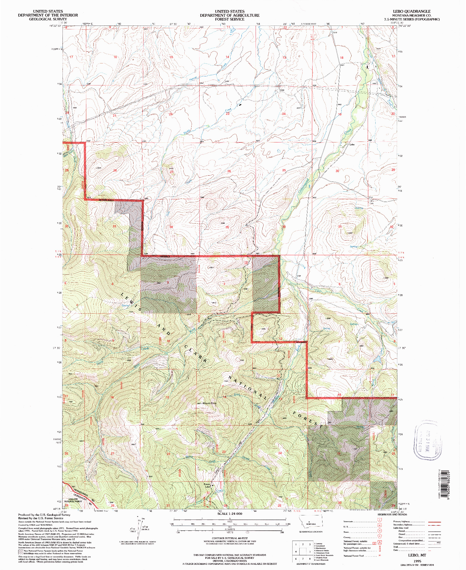 USGS 1:24000-SCALE QUADRANGLE FOR LEBO, MT 1995