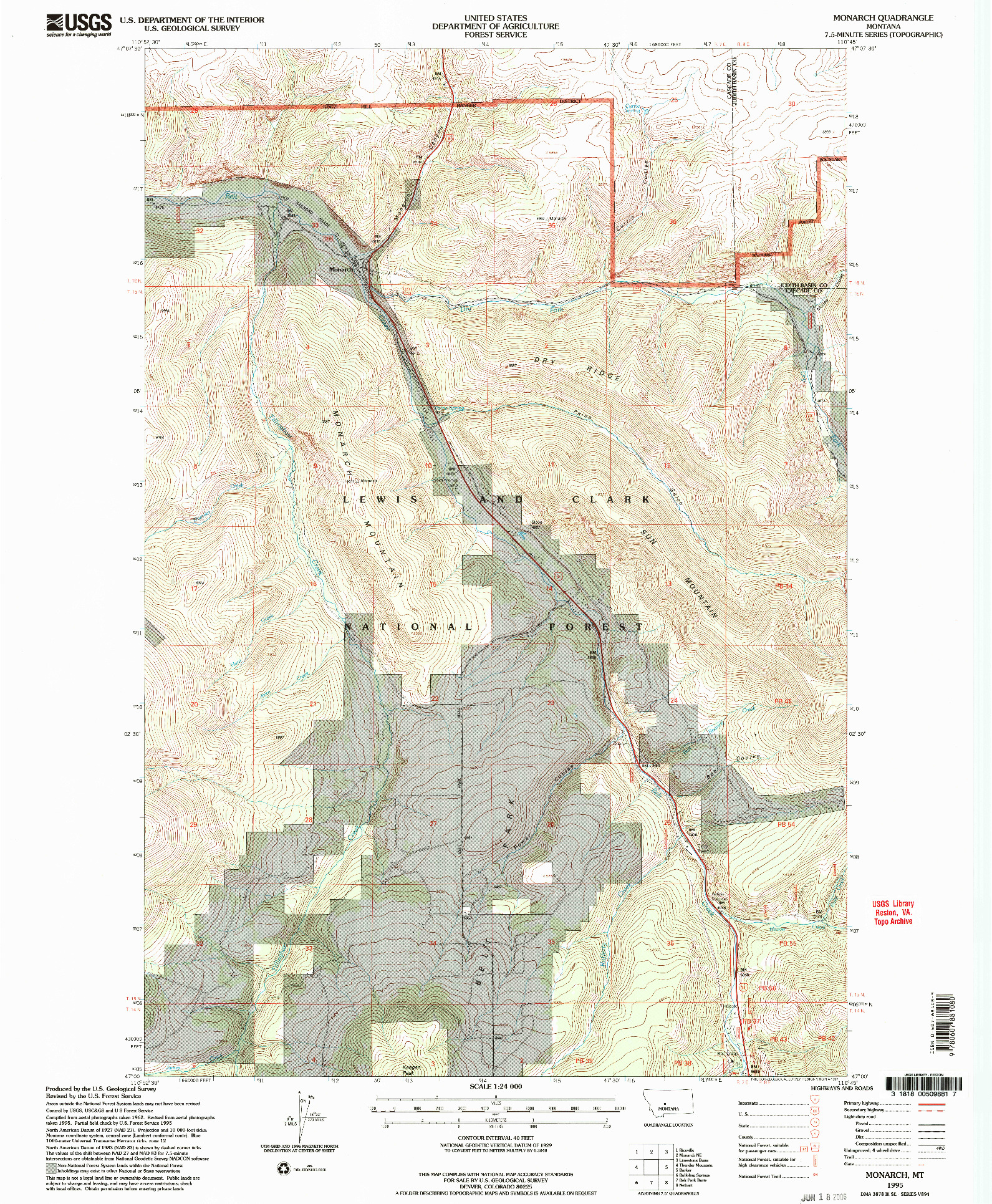 USGS 1:24000-SCALE QUADRANGLE FOR MONARCH, MT 1995