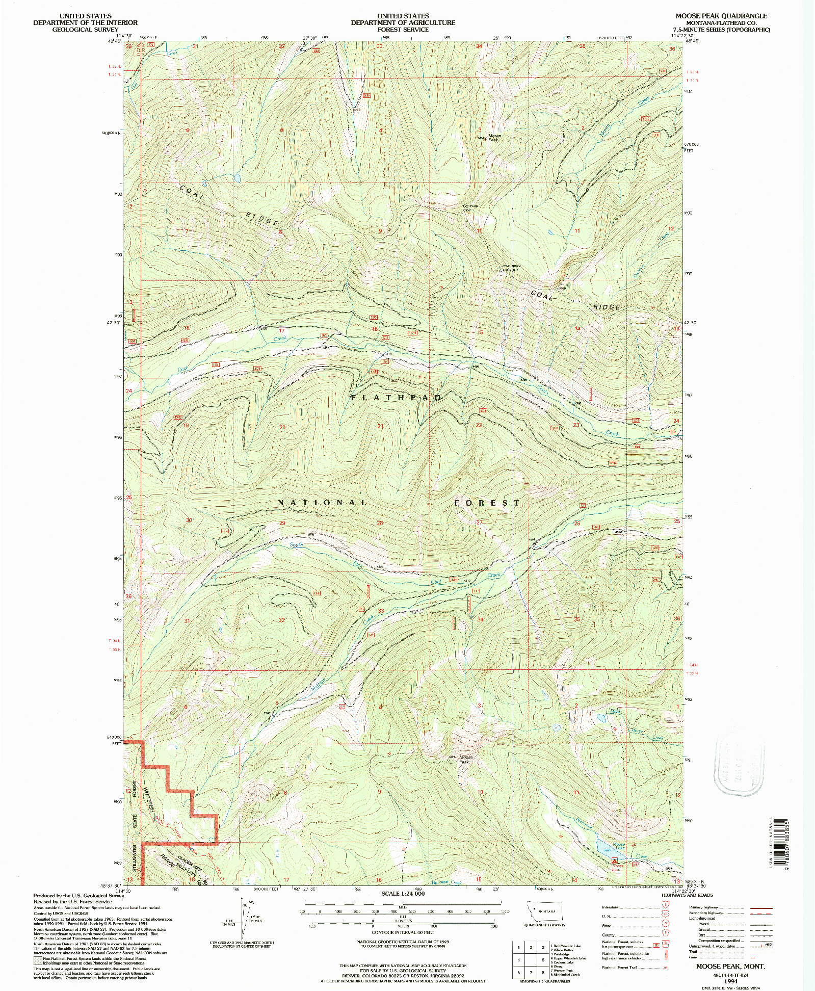 USGS 1:24000-SCALE QUADRANGLE FOR MOOSE PEAK, MT 1994