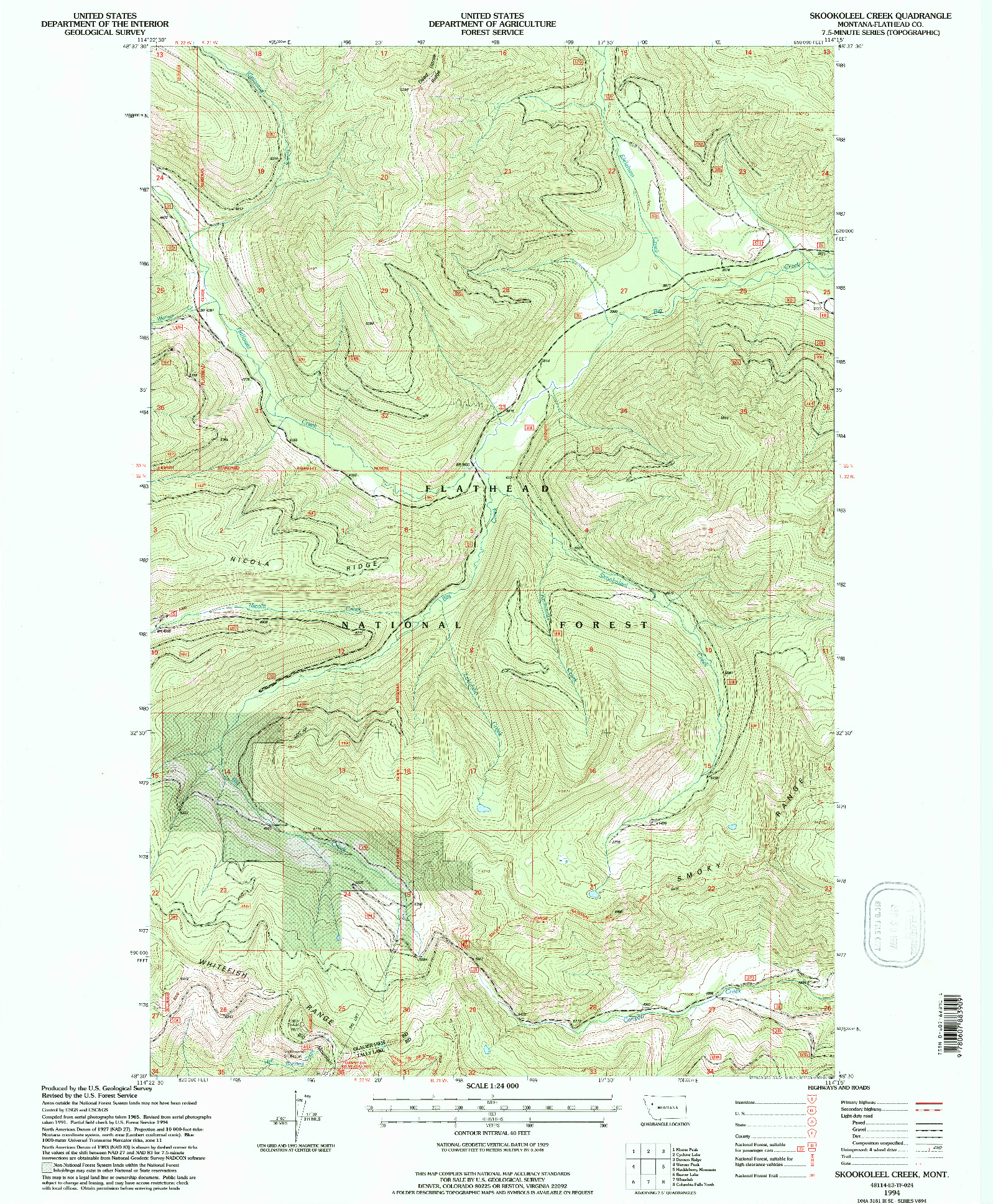 USGS 1:24000-SCALE QUADRANGLE FOR SKOOKOLEEL CREEK, MT 1994