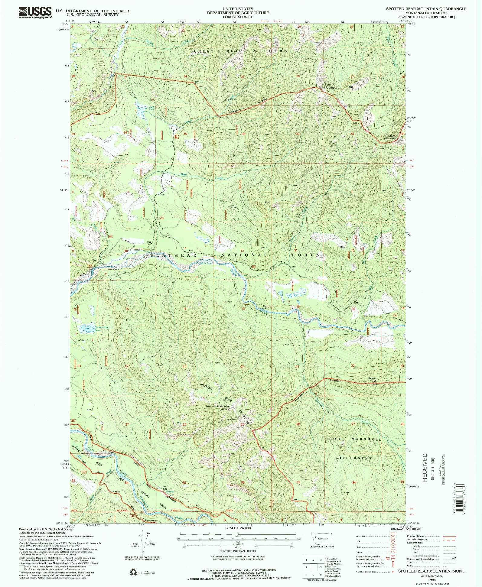 USGS 1:24000-SCALE QUADRANGLE FOR SPOTTED BEAR MOUNTAIN, MT 1994