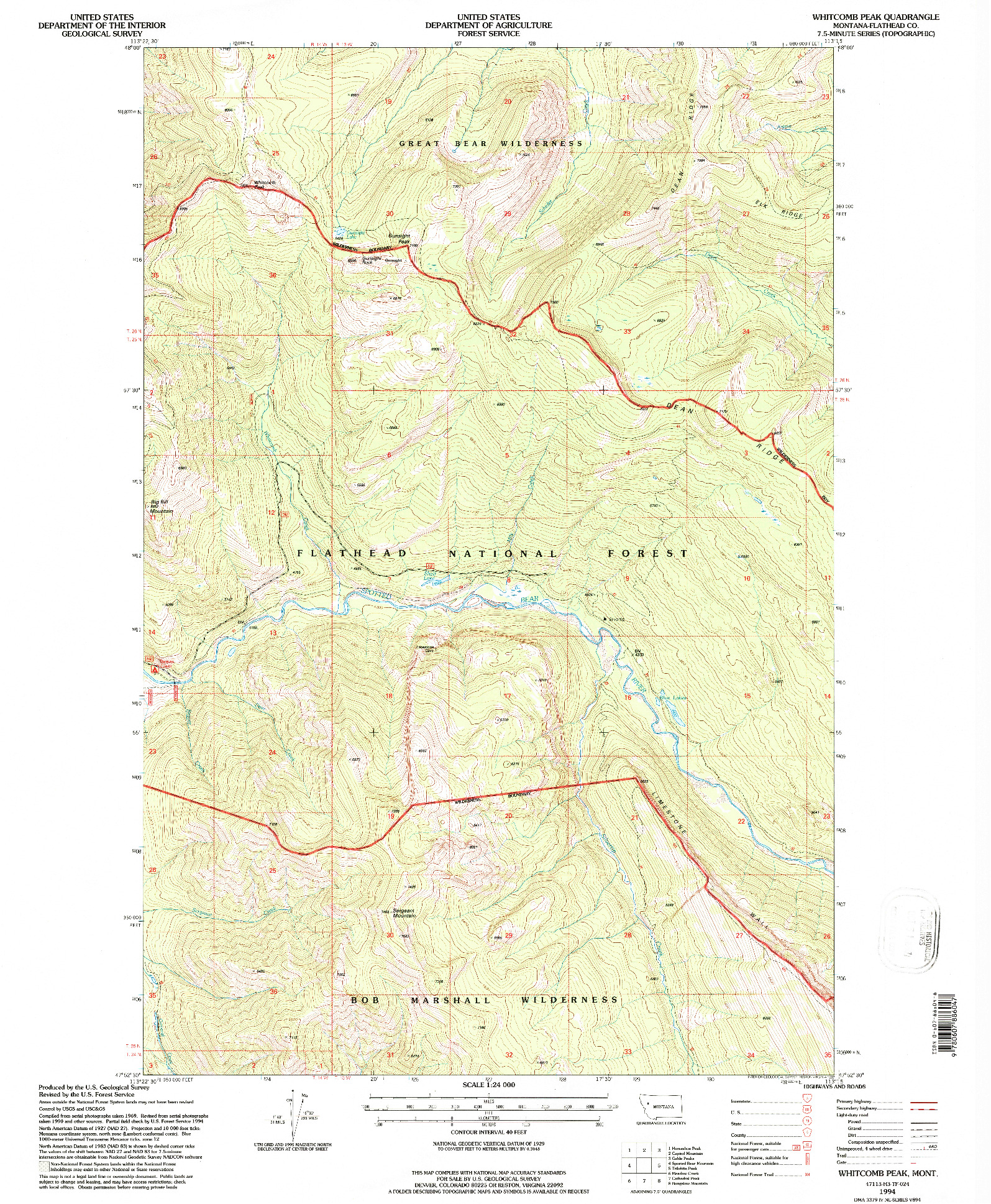 USGS 1:24000-SCALE QUADRANGLE FOR WHITCOMB PEAK, MT 1994