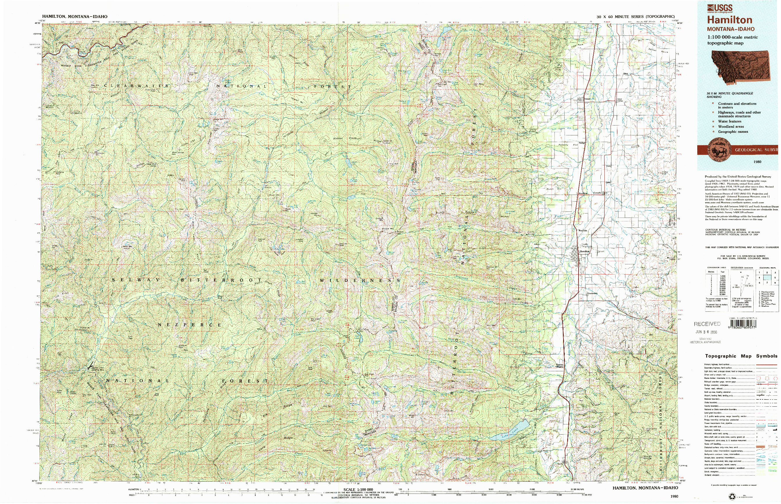 USGS 1:100000-SCALE QUADRANGLE FOR HAMILTON, MT 1980