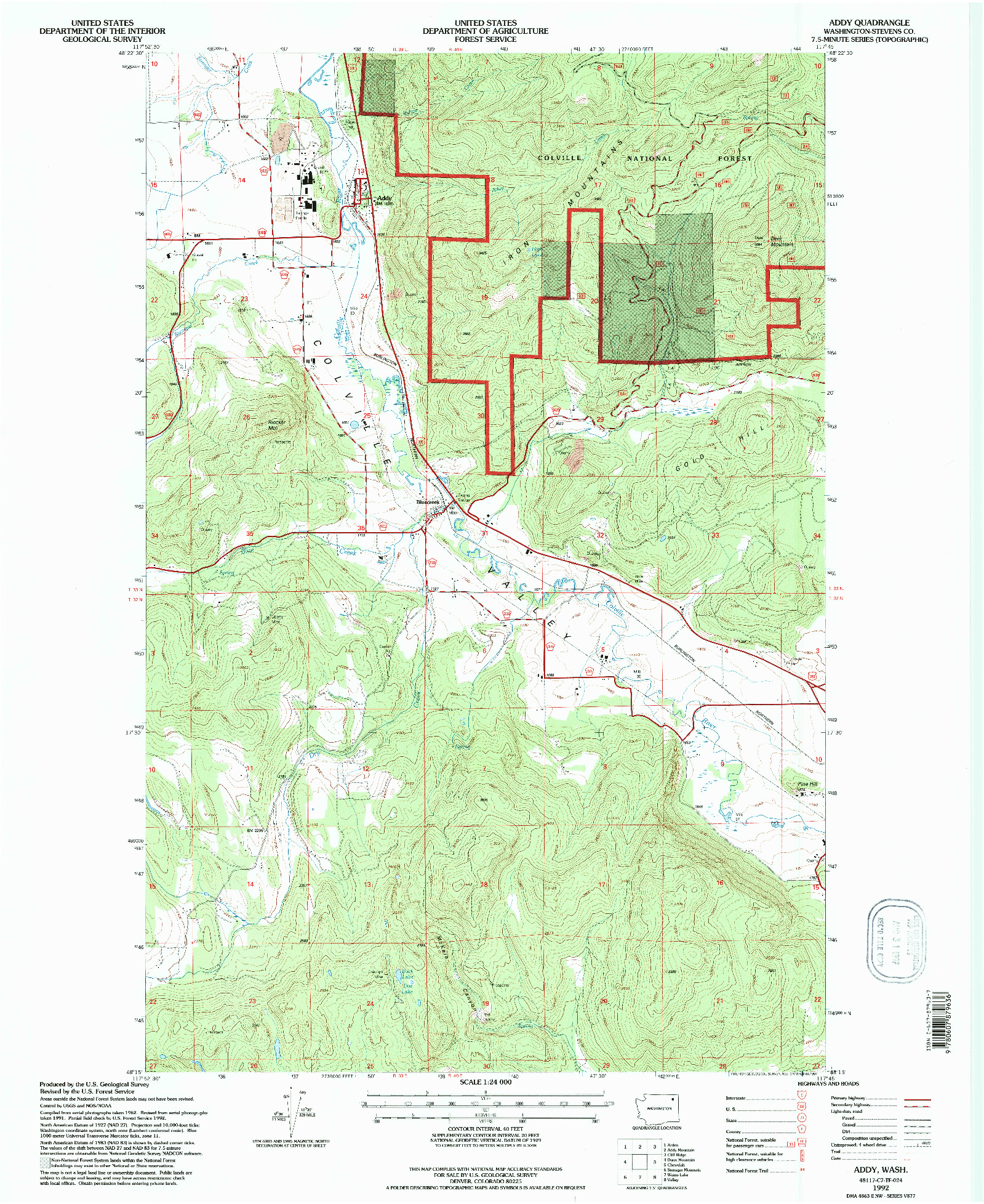 USGS 1:24000-SCALE QUADRANGLE FOR ADDY, WA 1992