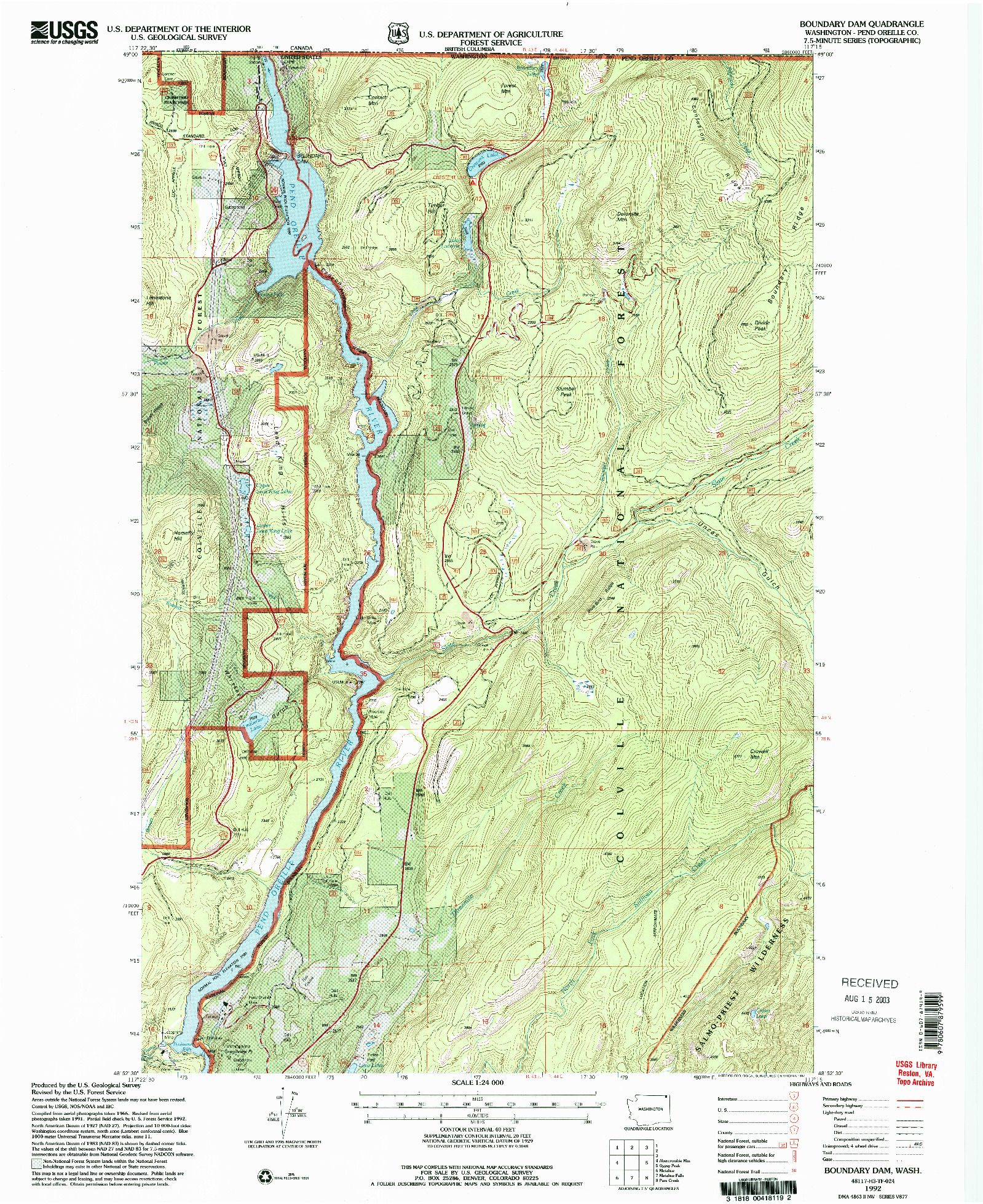 USGS 1:24000-SCALE QUADRANGLE FOR BOUNDARY DAM, WA 1992