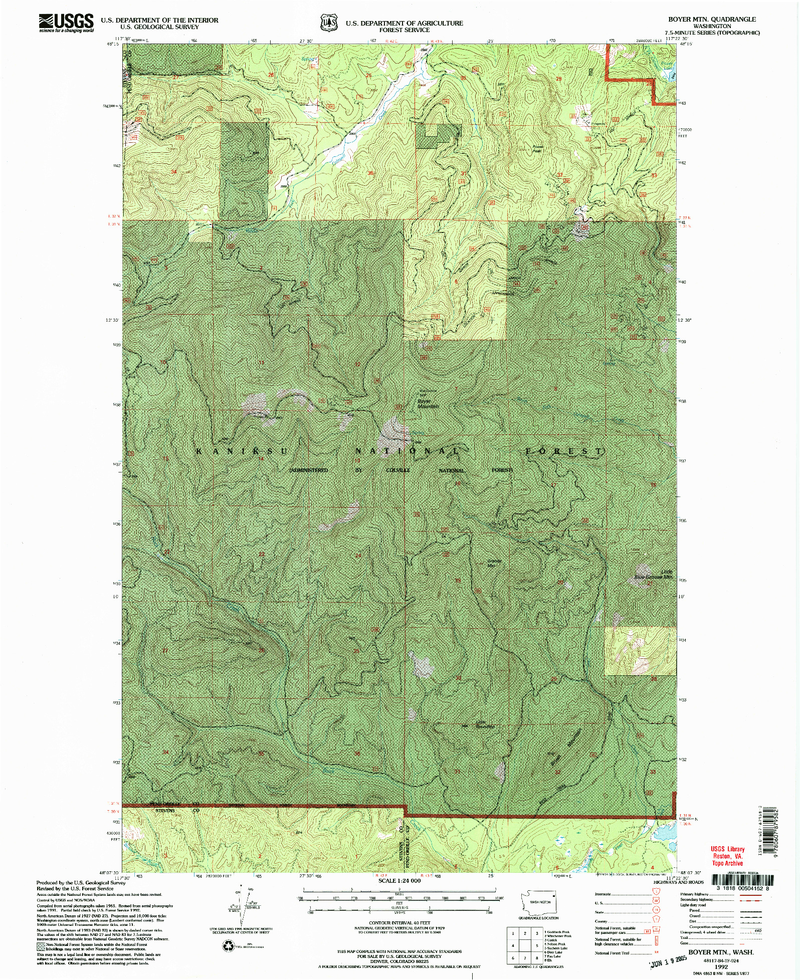 USGS 1:24000-SCALE QUADRANGLE FOR BOYER MTN, WA 1992