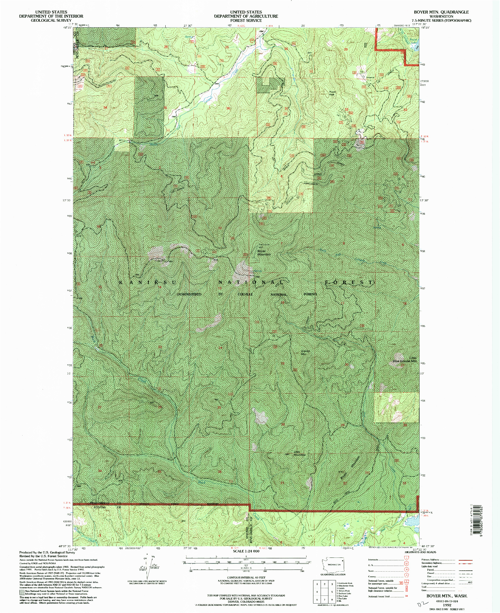 USGS 1:24000-SCALE QUADRANGLE FOR BOYER MTN, WA 1992