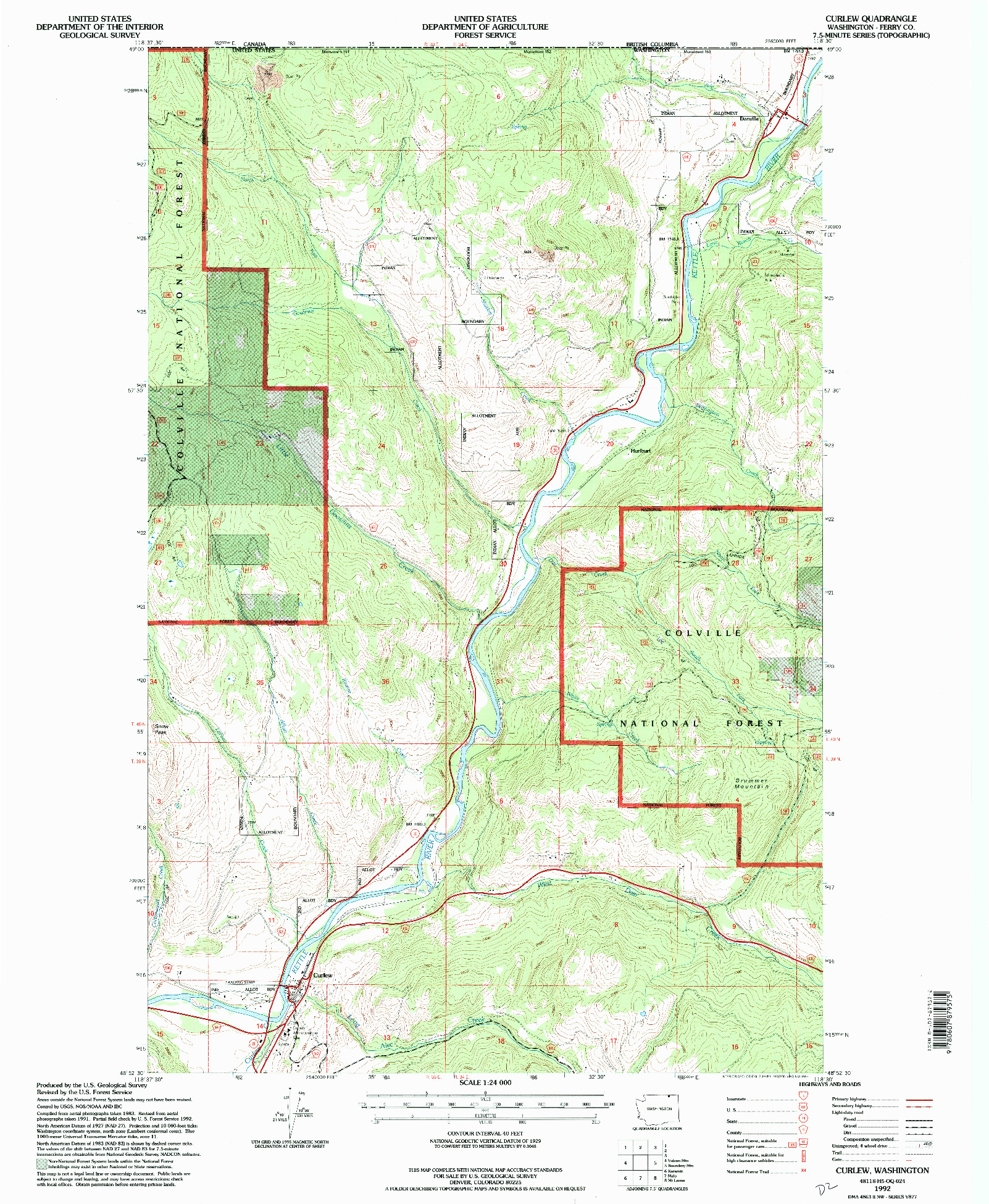 USGS 1:24000-SCALE QUADRANGLE FOR CURLEW, WA 1992