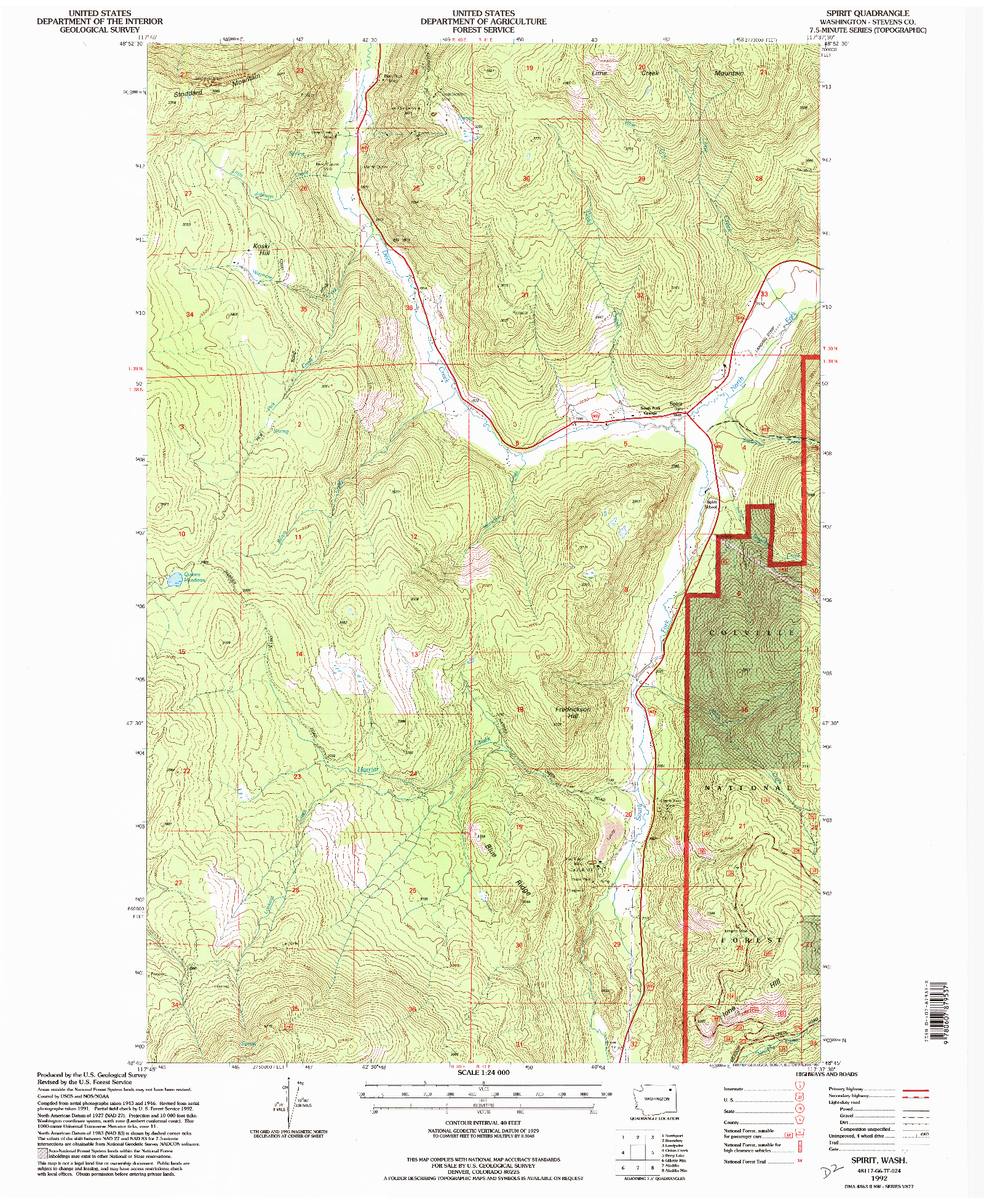 USGS 1:24000-SCALE QUADRANGLE FOR SPIRIT, WA 1992