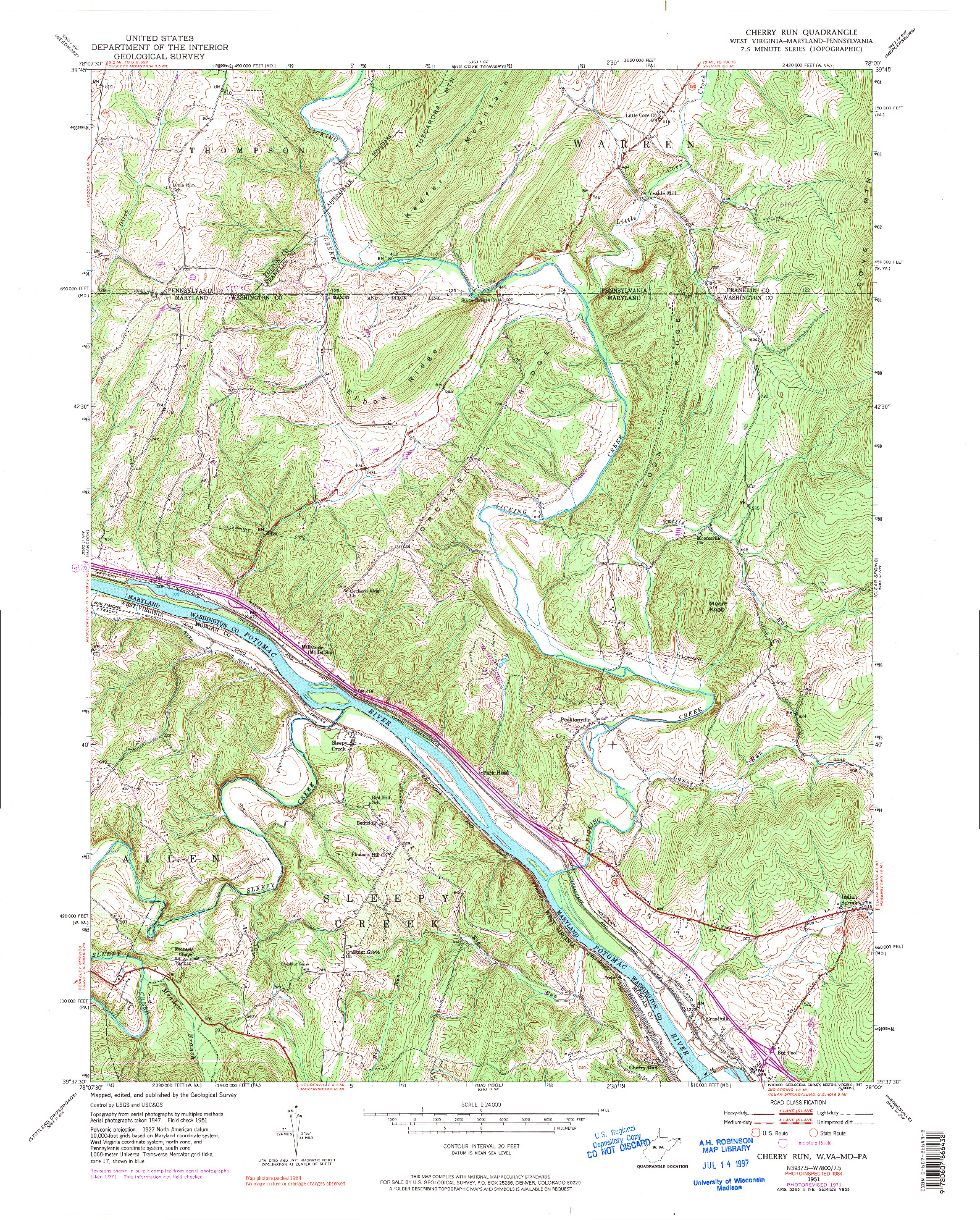 USGS 1:24000-SCALE QUADRANGLE FOR CHERRY RUN, WV 1951