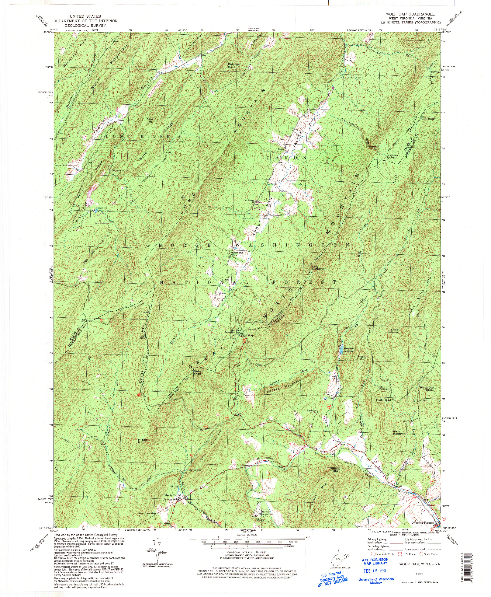 USGS 1:24000-SCALE QUADRANGLE FOR WOLF GAP, WV 1994