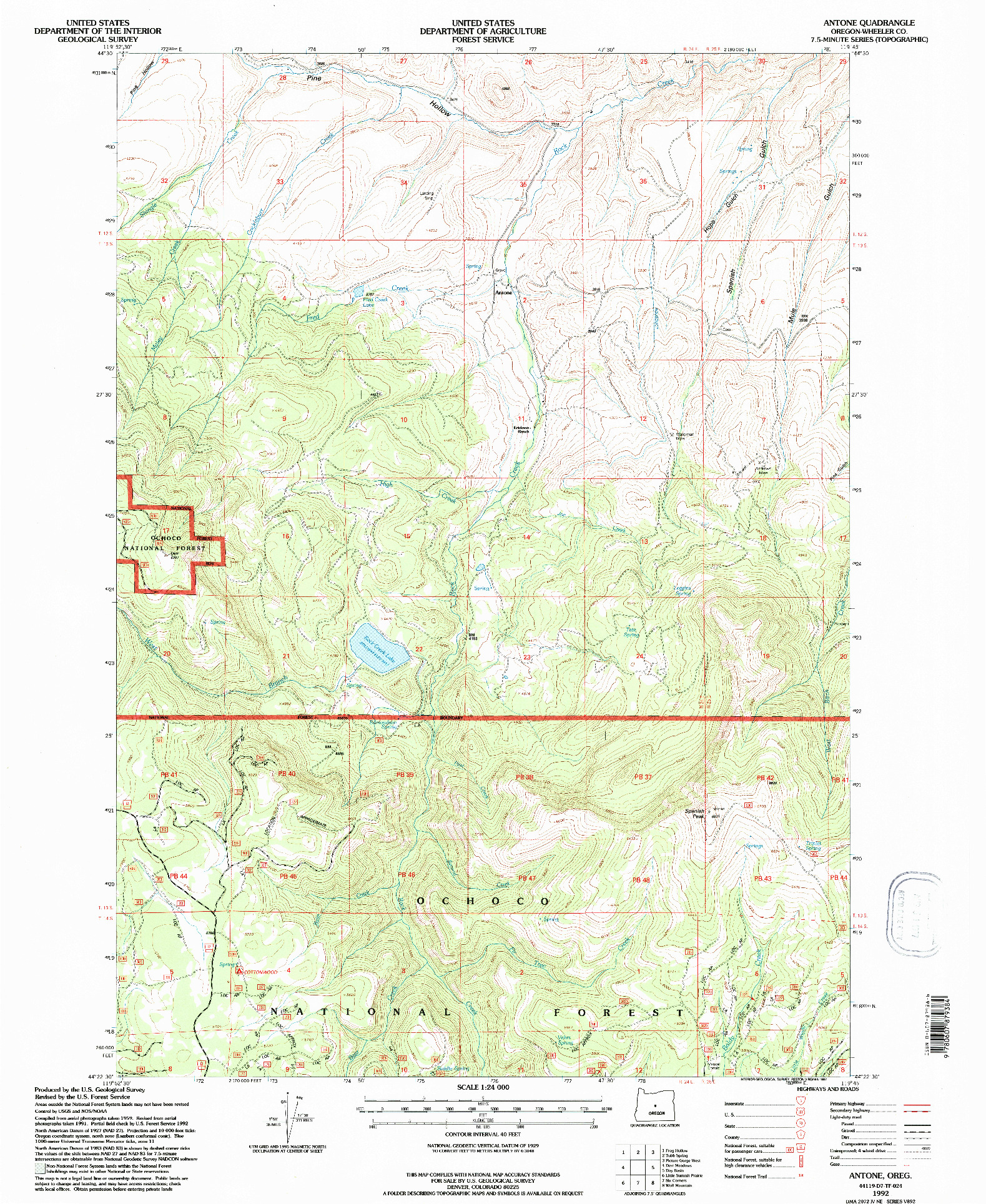 USGS 1:24000-SCALE QUADRANGLE FOR ANTONE, OR 1992