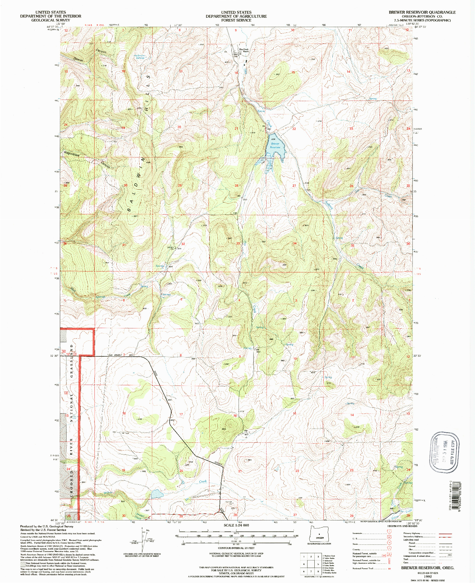 USGS 1:24000-SCALE QUADRANGLE FOR BREWER RESERVOIR, OR 1992