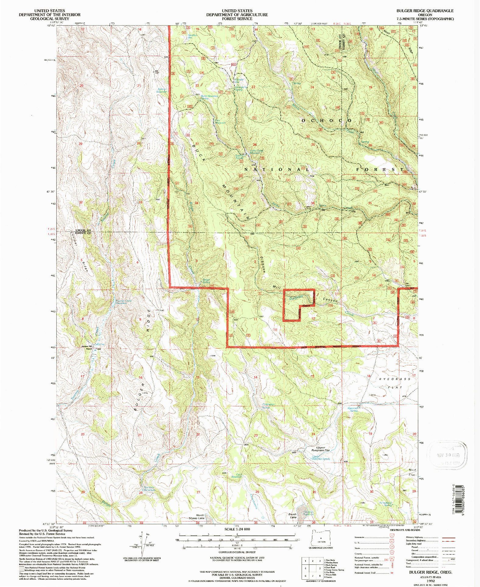 USGS 1:24000-SCALE QUADRANGLE FOR BULGER RIDGE, OR 1992