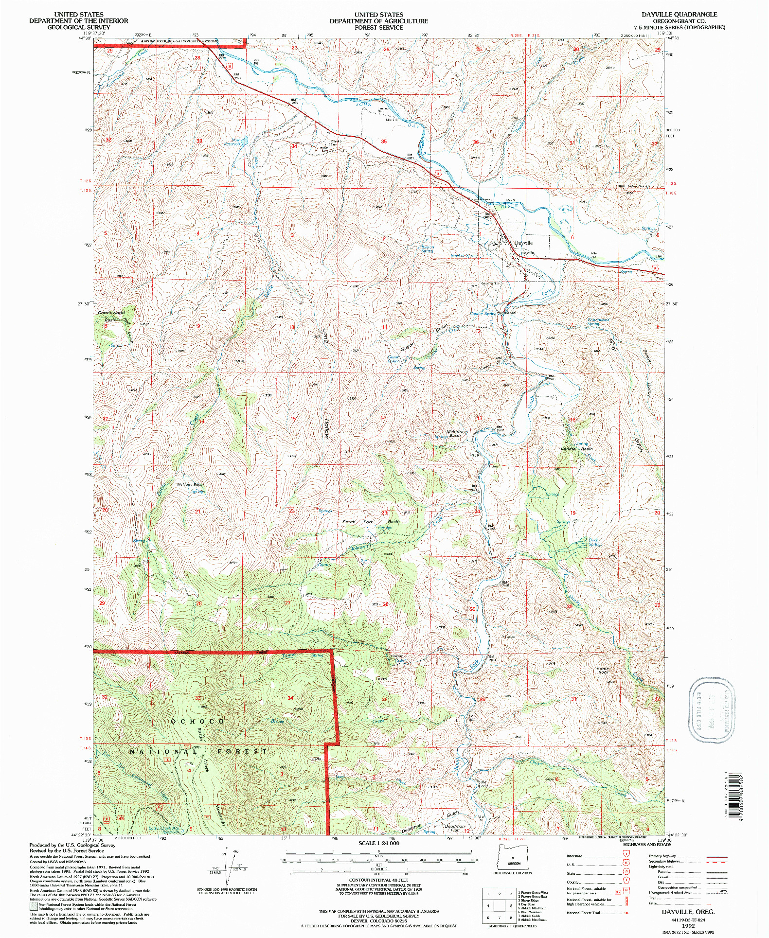 USGS 1:24000-SCALE QUADRANGLE FOR DAYVILLE, OR 1992