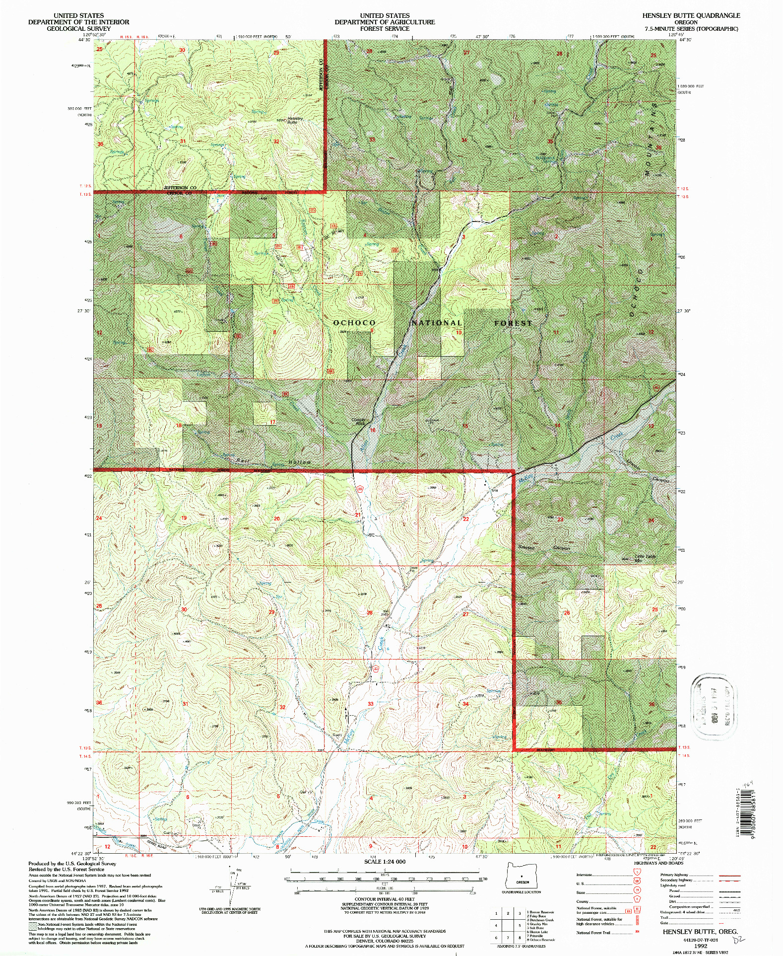 USGS 1:24000-SCALE QUADRANGLE FOR HENSLEY BUTTE, OR 1992