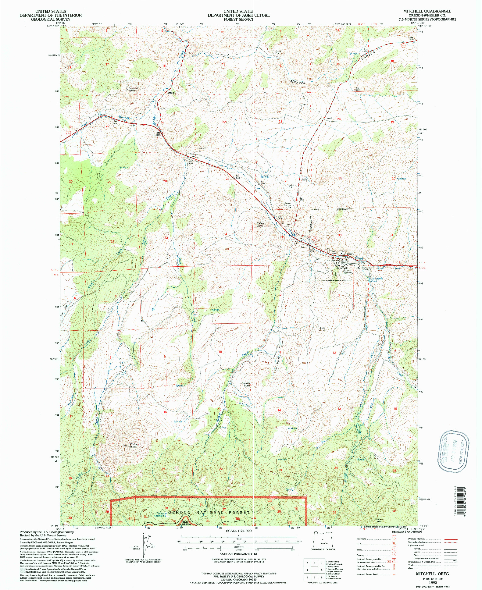USGS 1:24000-SCALE QUADRANGLE FOR MITCHELL, OR 1992