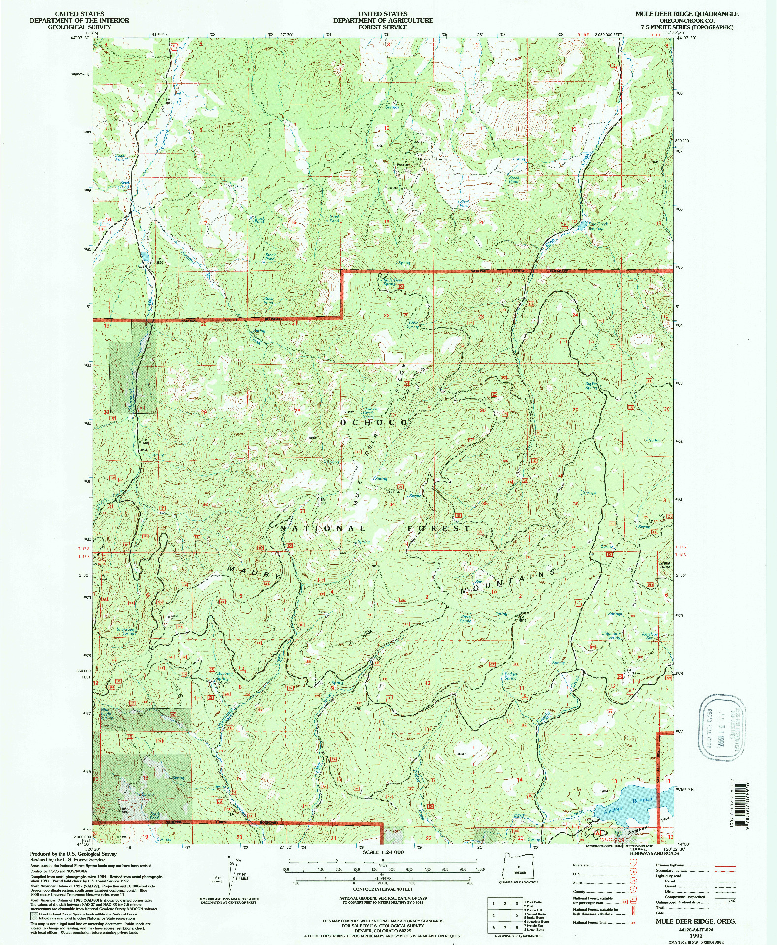 USGS 1:24000-SCALE QUADRANGLE FOR MULE DEER RIDGE, OR 1992