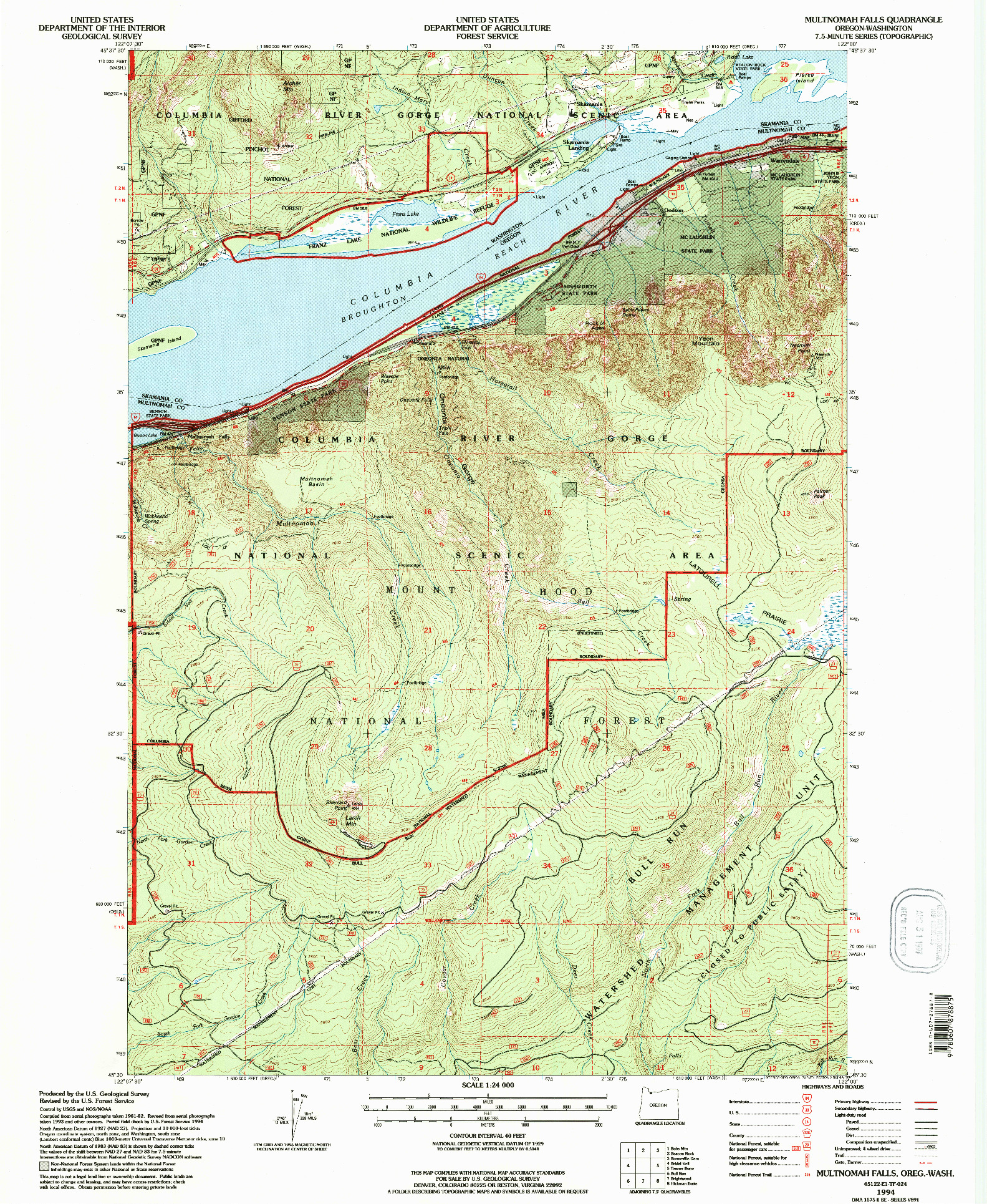 USGS 1:24000-SCALE QUADRANGLE FOR MULTNOMAH FALLS, OR 1994