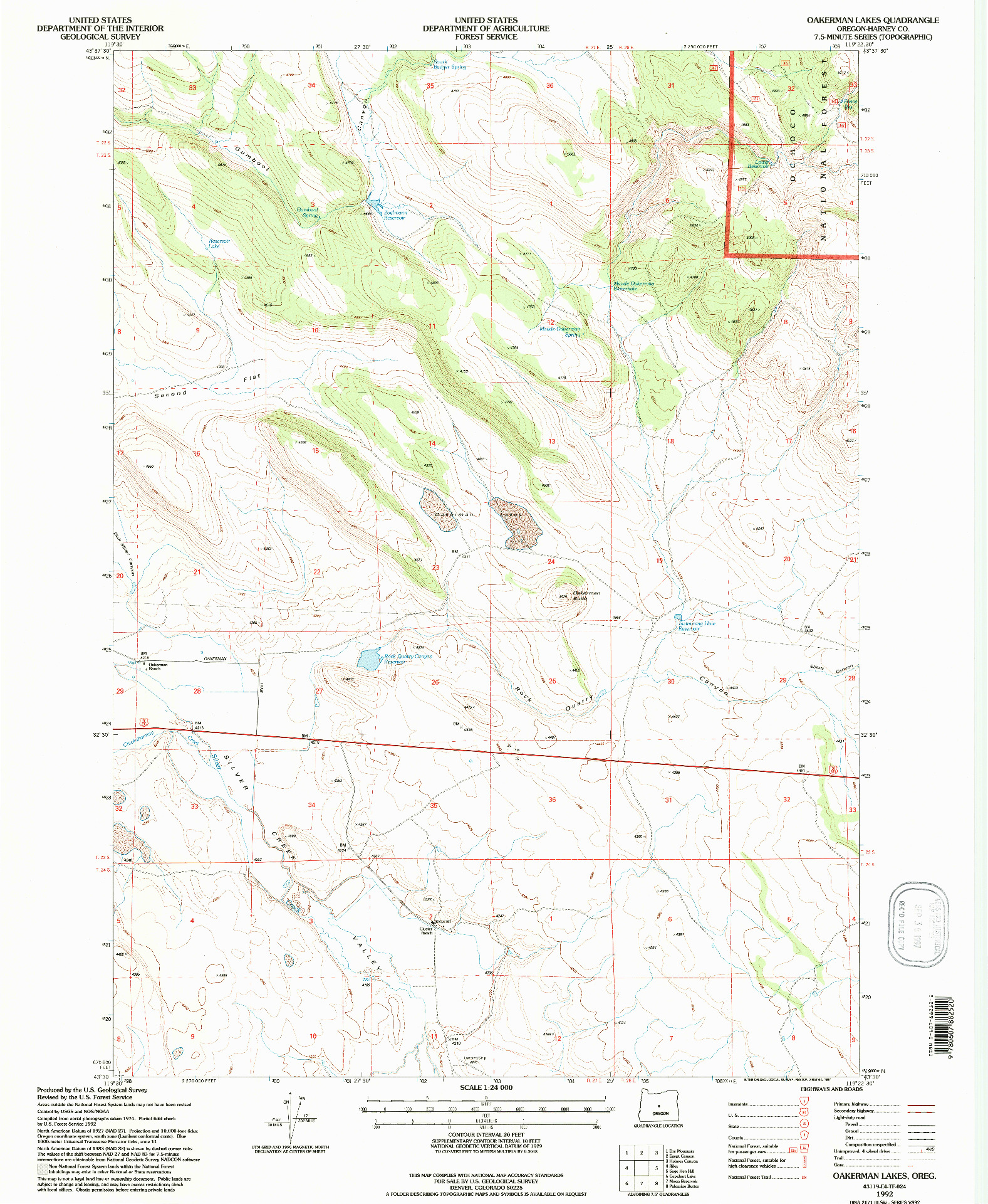 USGS 1:24000-SCALE QUADRANGLE FOR OAKERMAN LAKES, OR 1992