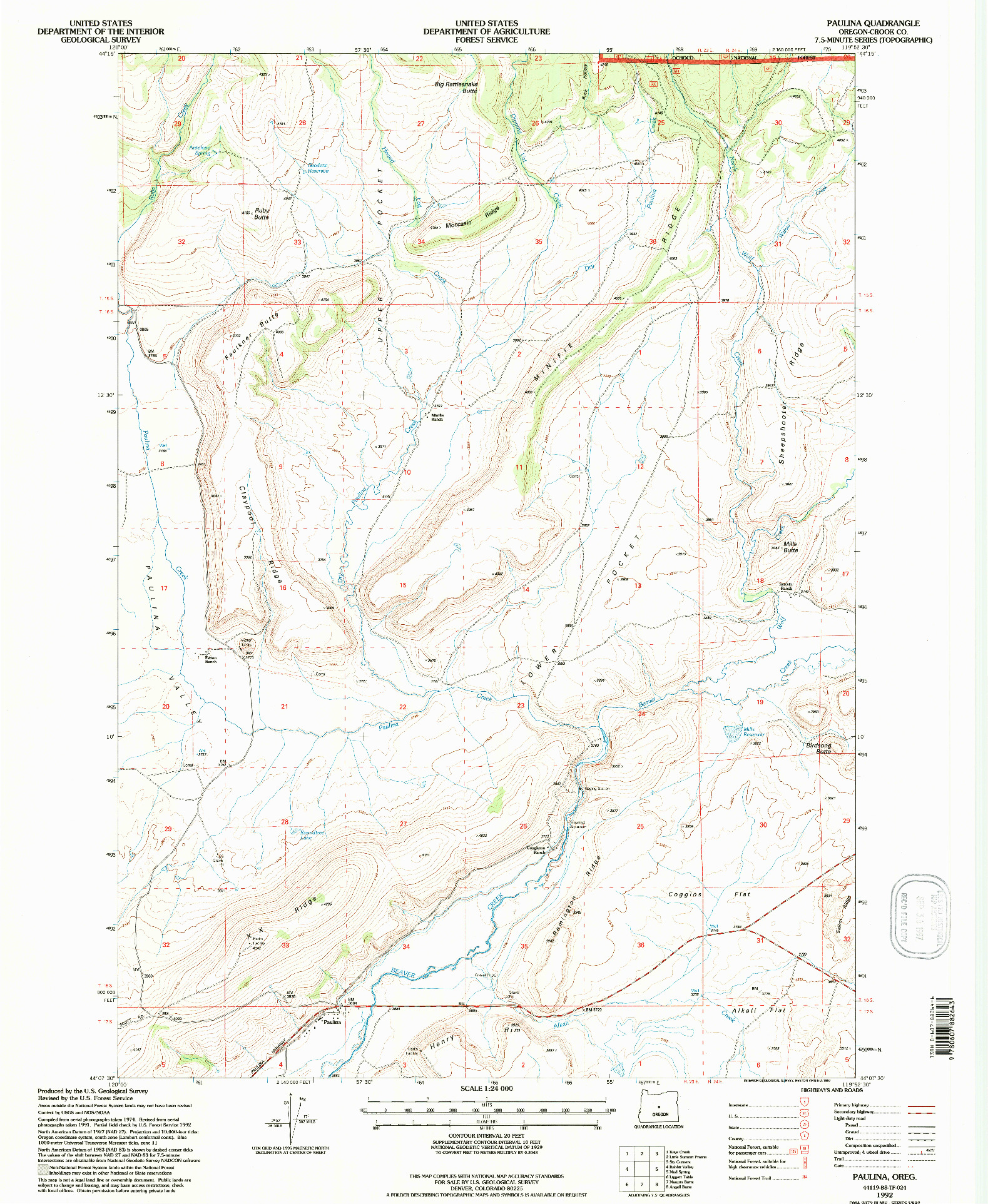 USGS 1:24000-SCALE QUADRANGLE FOR PAULINA, OR 1992