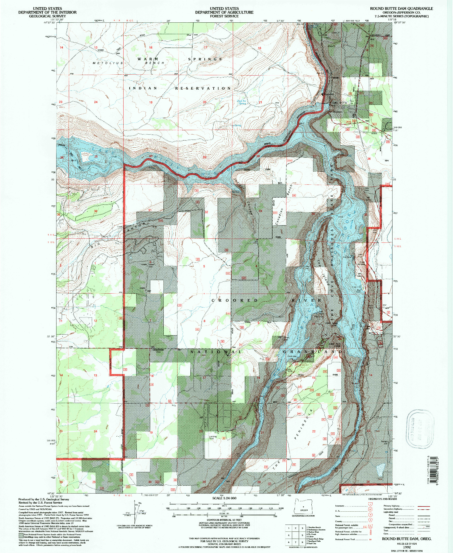 USGS 1:24000-SCALE QUADRANGLE FOR ROUND BUTTE DAM, OR 1992