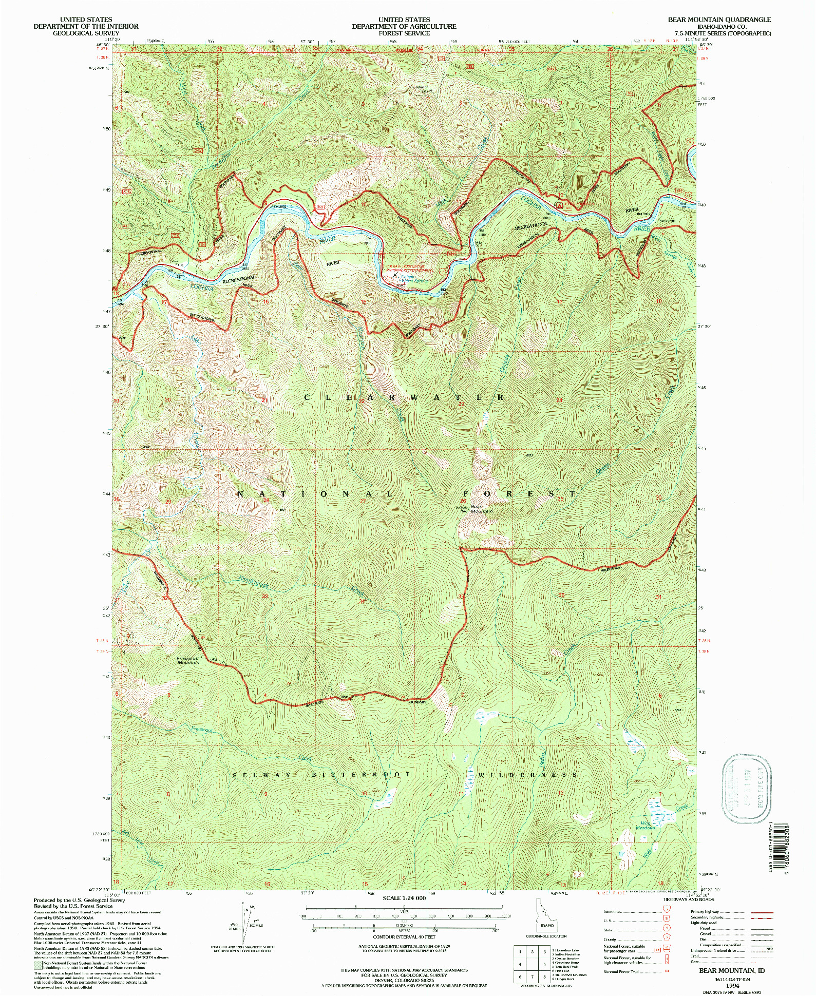 USGS 1:24000-SCALE QUADRANGLE FOR BEAR MOUNTAIN, ID 1994
