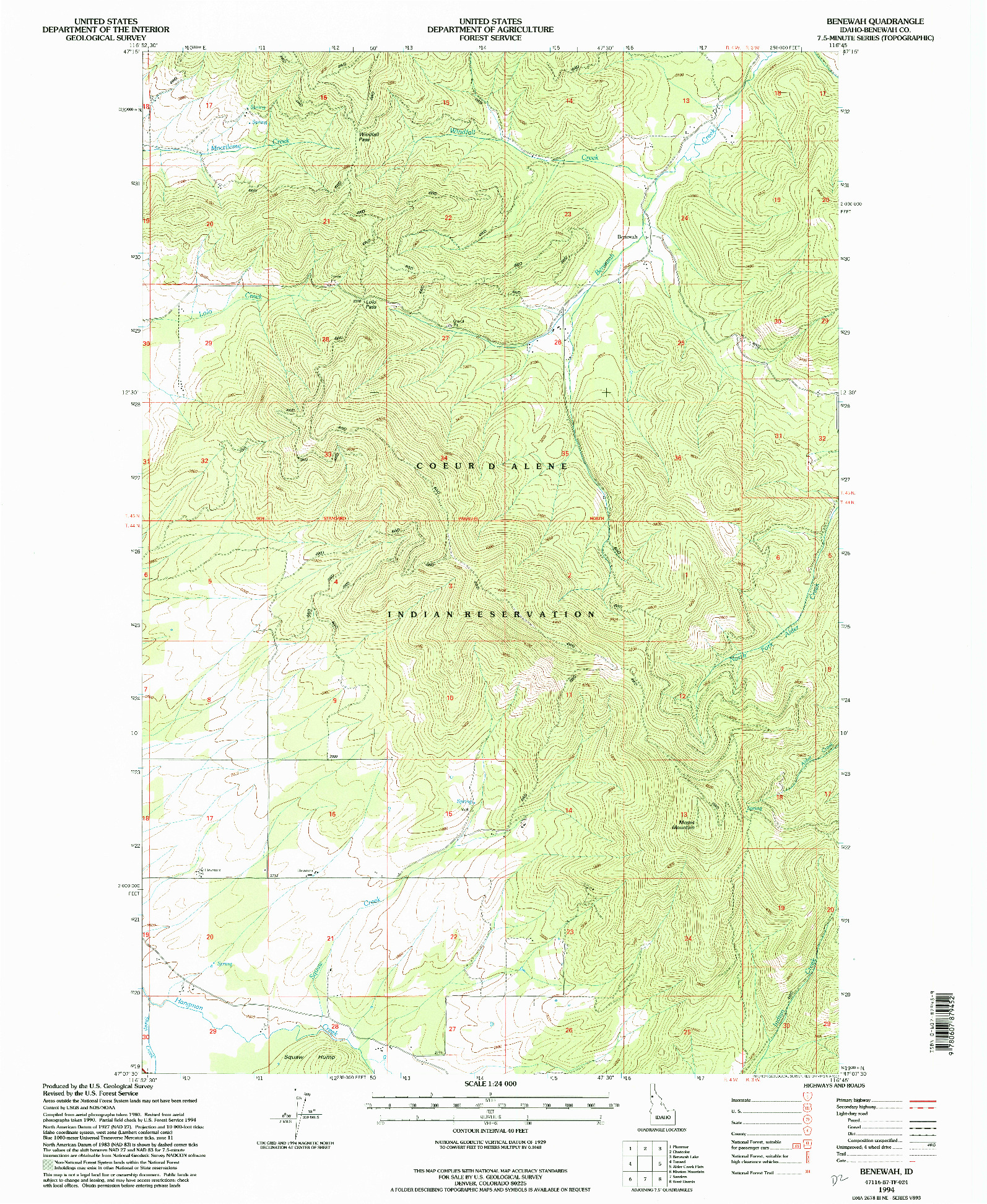 USGS 1:24000-SCALE QUADRANGLE FOR BENEWAH, ID 1994