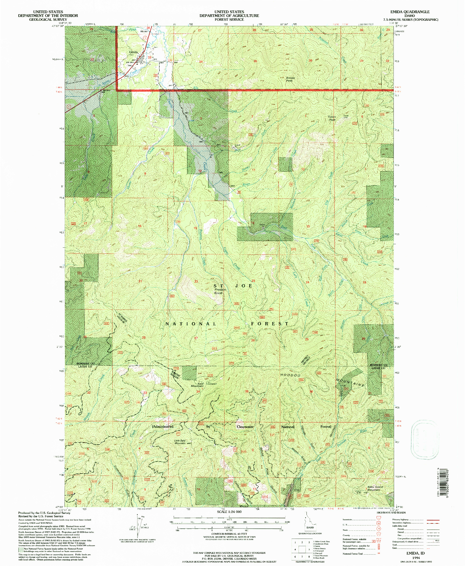 USGS 1:24000-SCALE QUADRANGLE FOR EMIDA, ID 1994