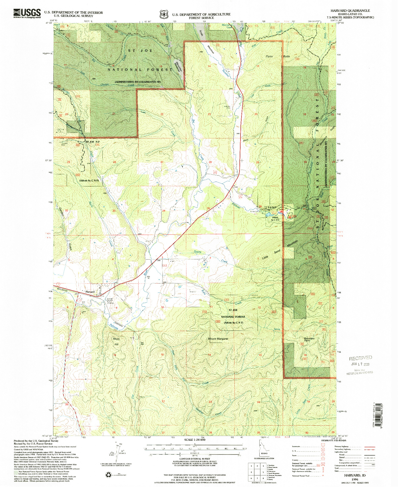 USGS 1:24000-SCALE QUADRANGLE FOR HARVARD, ID 1994