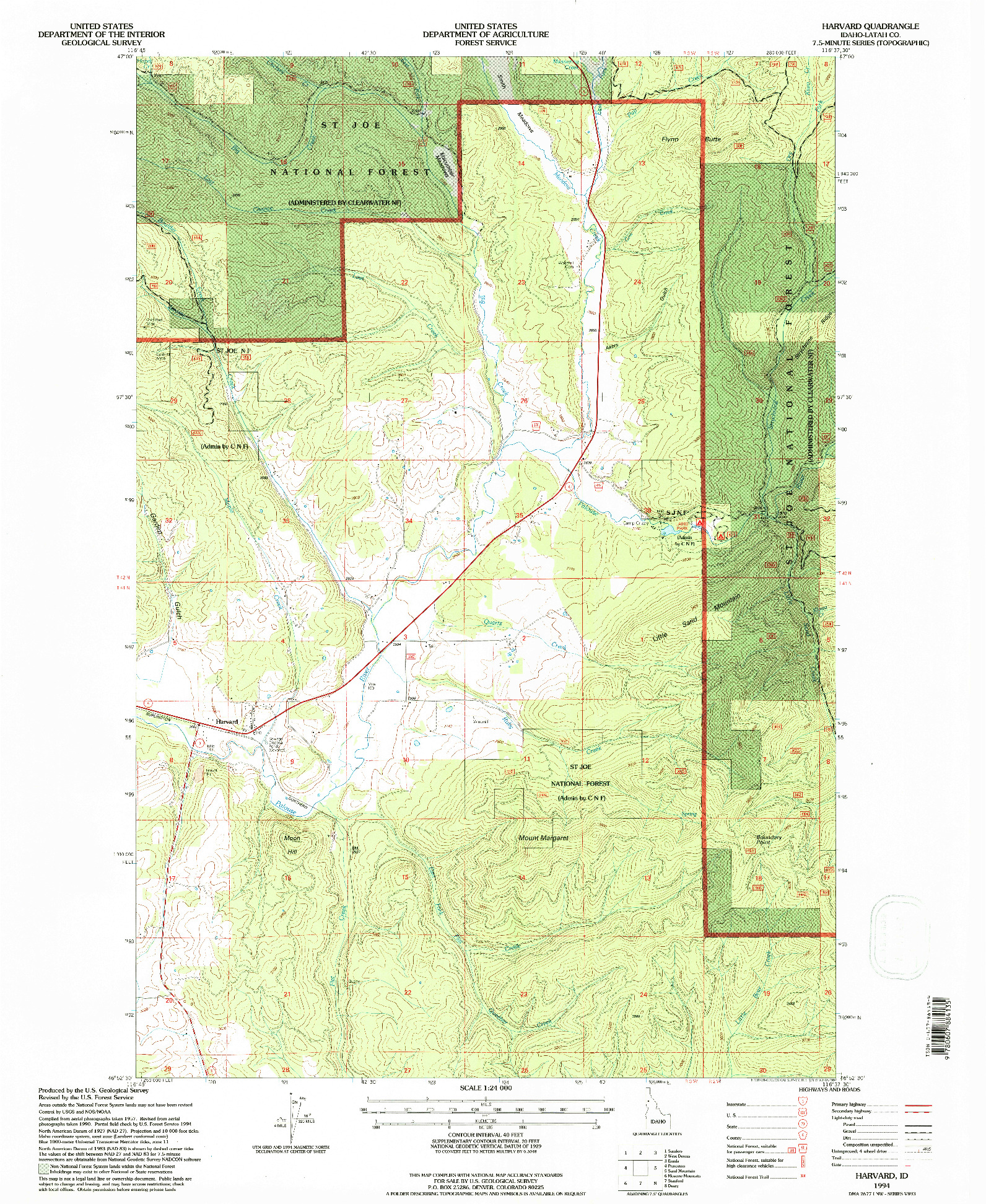 USGS 1:24000-SCALE QUADRANGLE FOR HARVARD, ID 1994