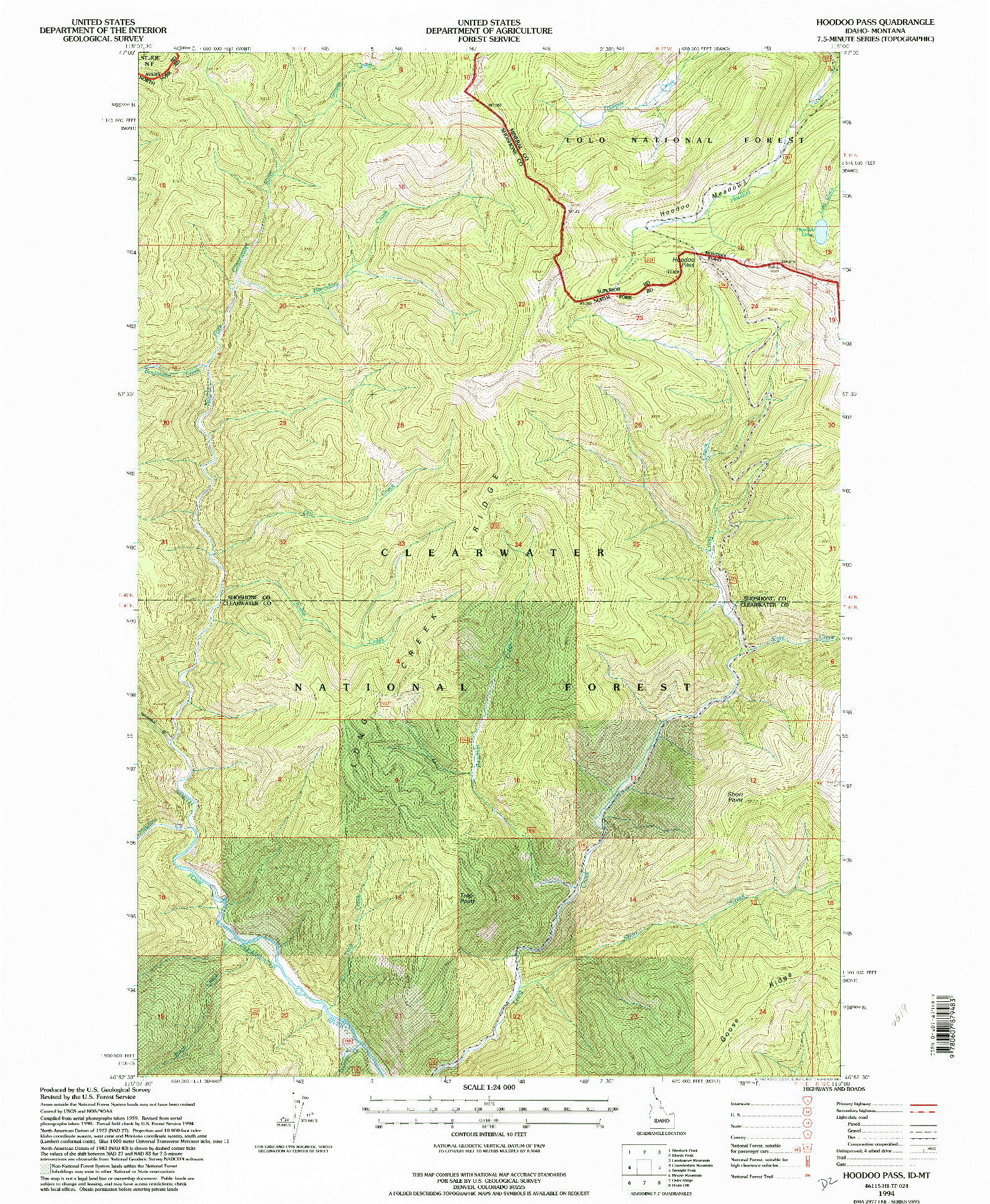 USGS 1:24000-SCALE QUADRANGLE FOR HOODOO PASS, ID 1994