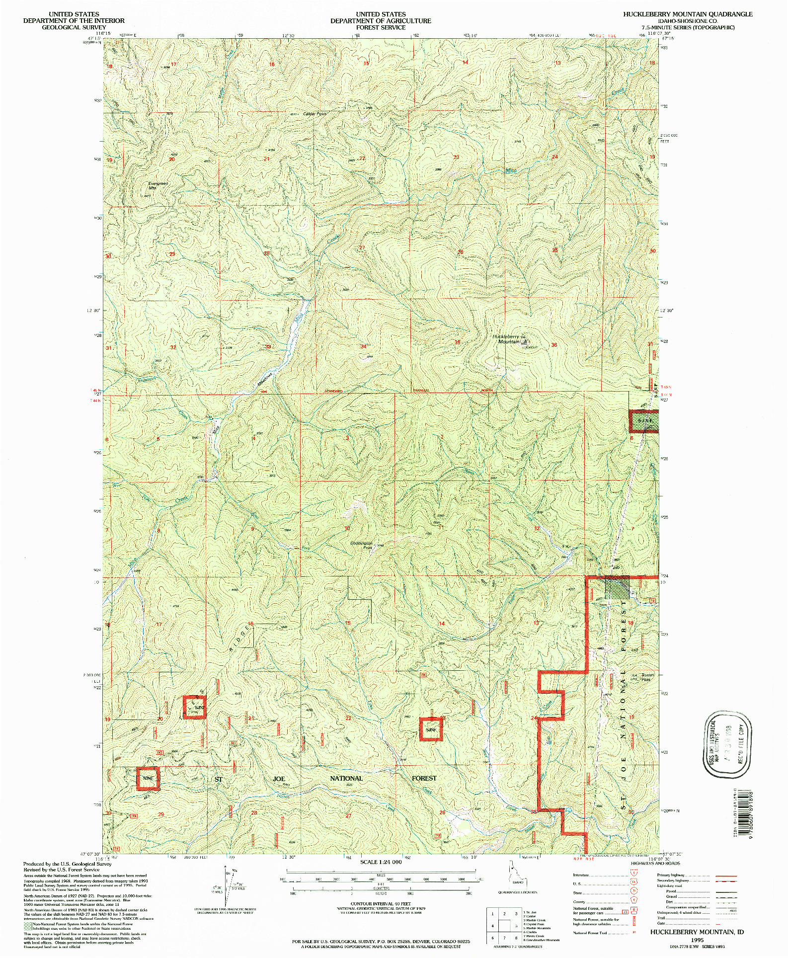 USGS 1:24000-SCALE QUADRANGLE FOR HUCKLEBERRY MOUNTAIN, ID 1995