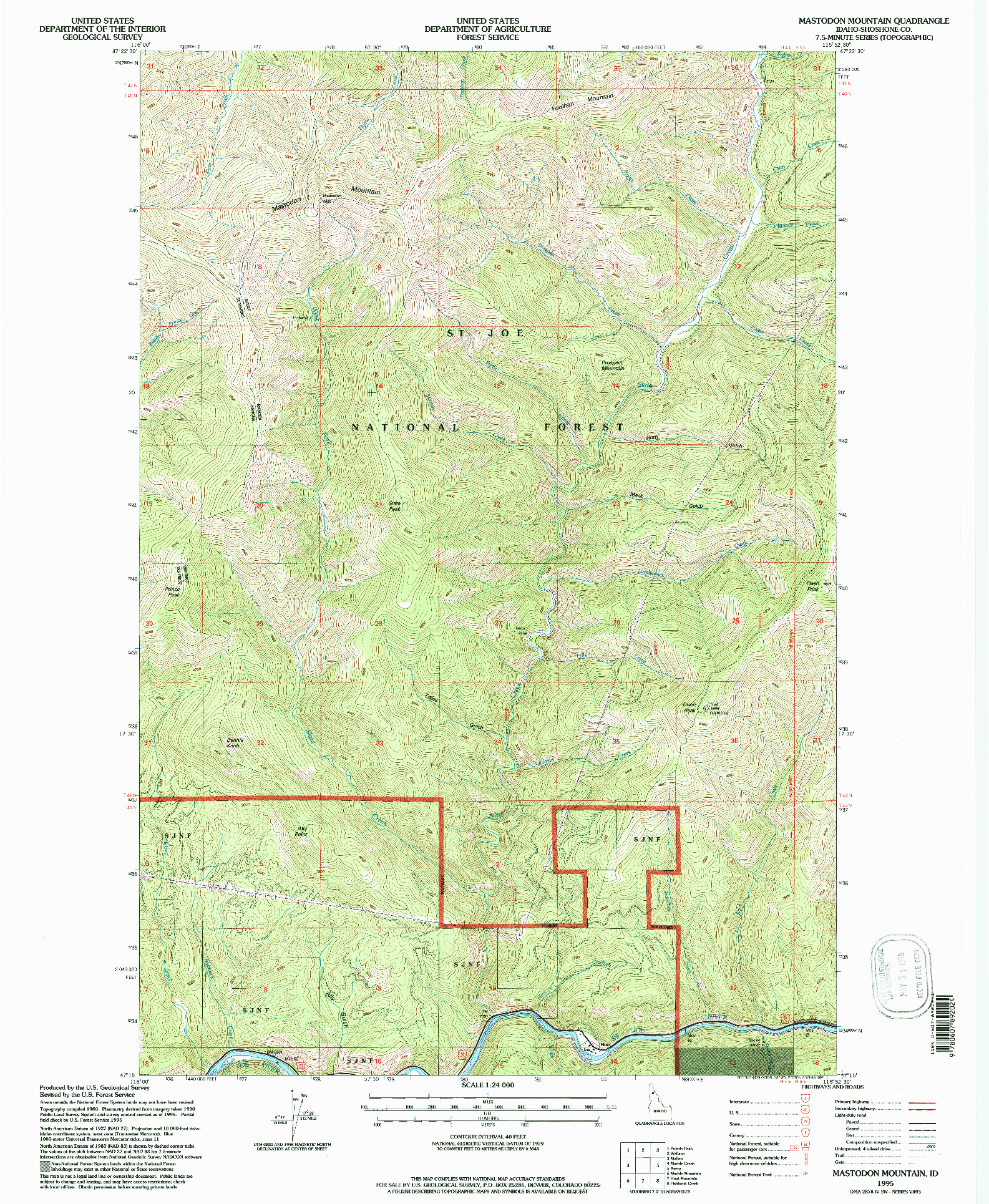 USGS 1:24000-SCALE QUADRANGLE FOR MASTODON MOUNTAIN, ID 1995