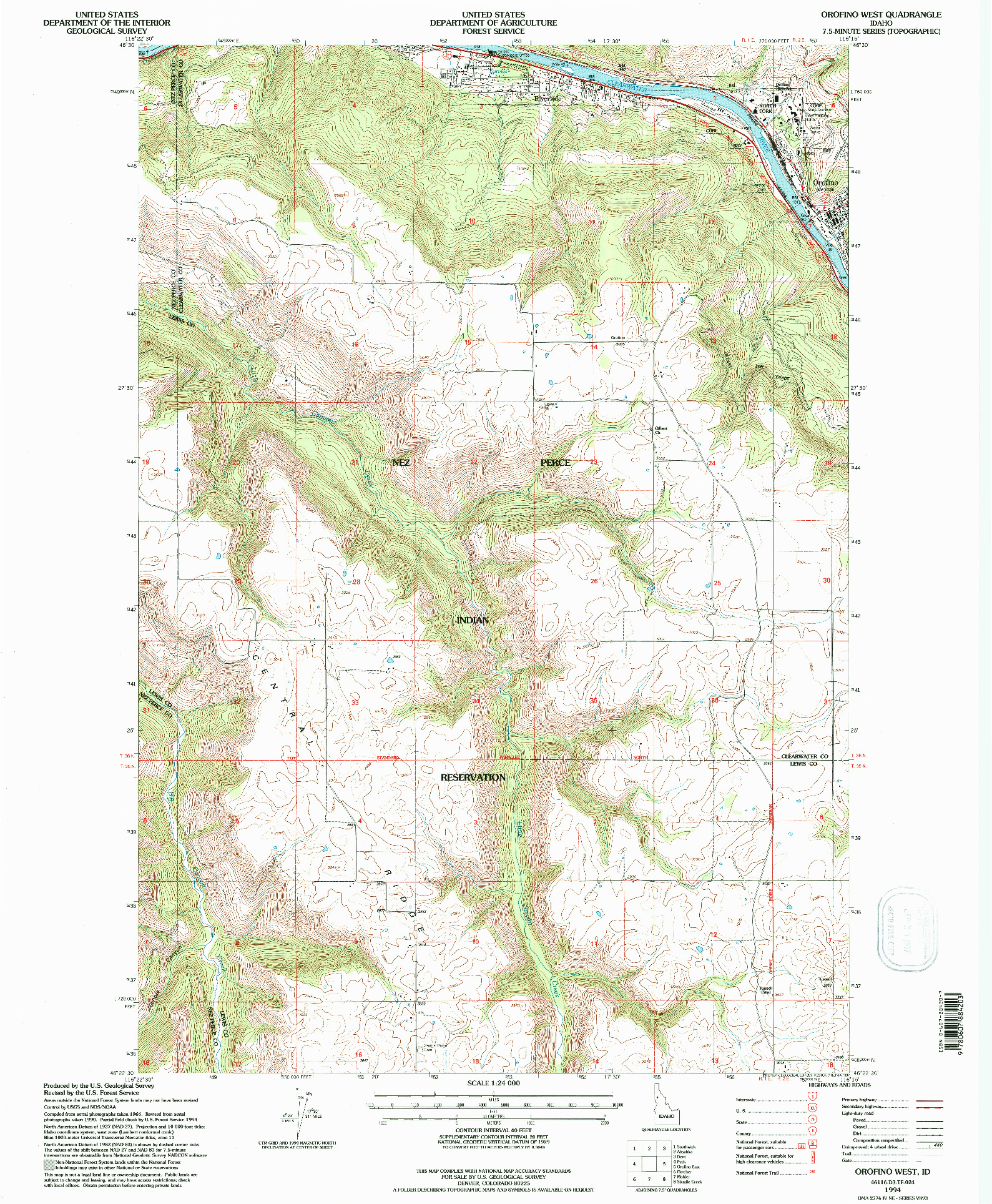USGS 1:24000-SCALE QUADRANGLE FOR OROFINO WEST, ID 1994