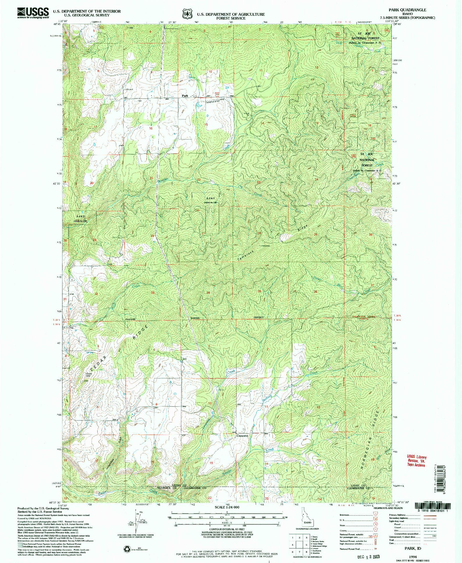 USGS 1:24000-SCALE QUADRANGLE FOR PARK, ID 1994
