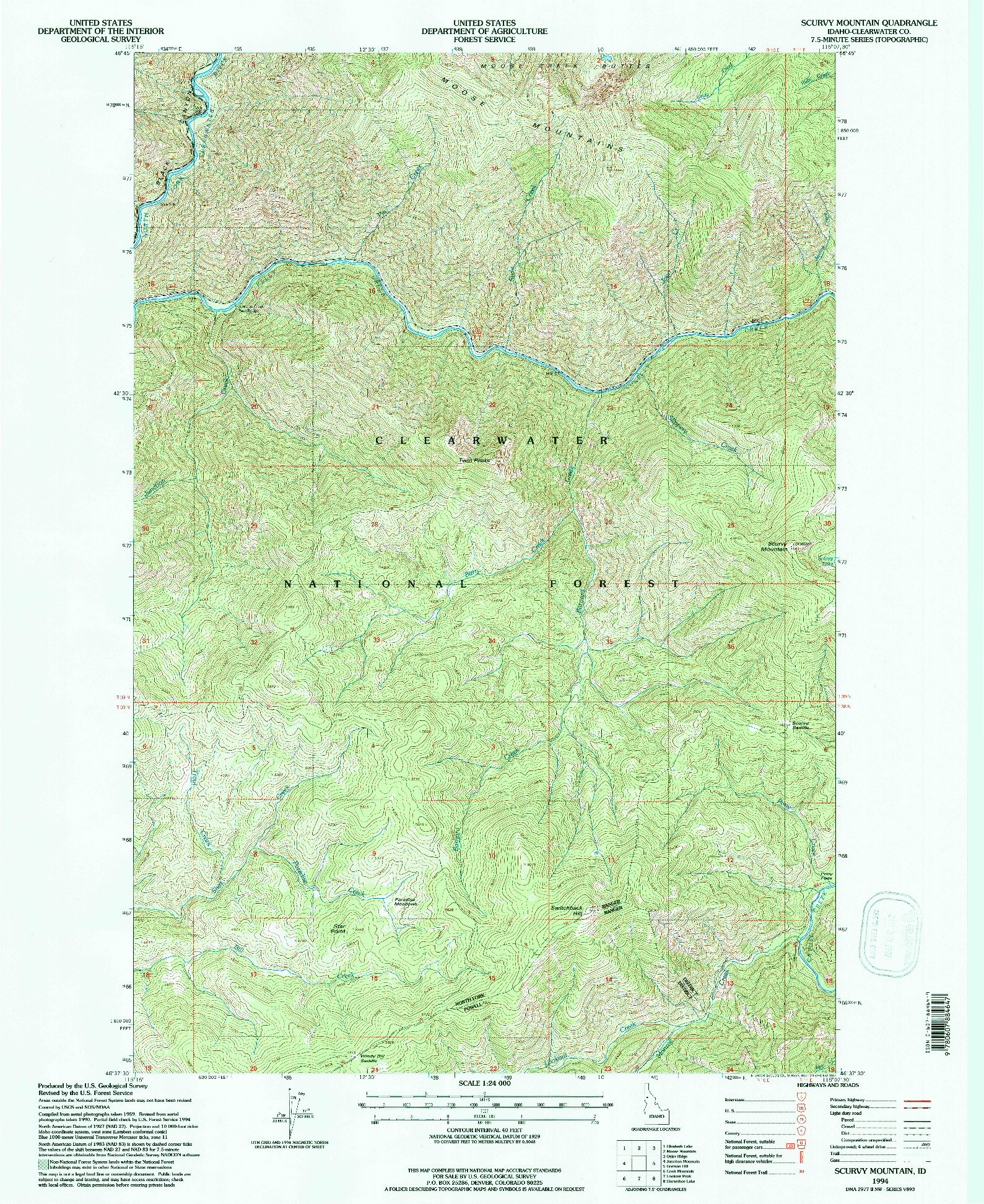 USGS 1:24000-SCALE QUADRANGLE FOR SCURVY MOUNTAIN, ID 1994