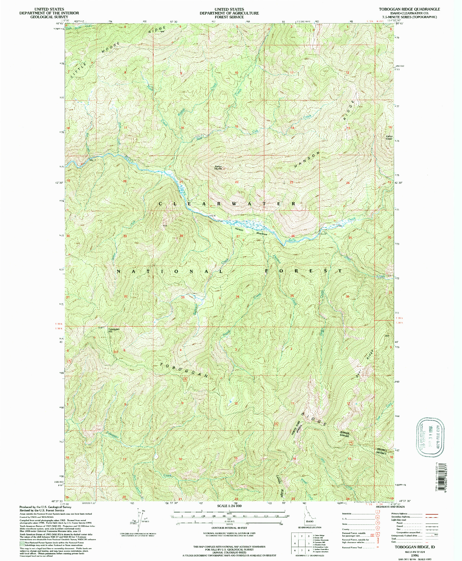 USGS 1:24000-SCALE QUADRANGLE FOR TOBOGGAN RIDGE, ID 1994