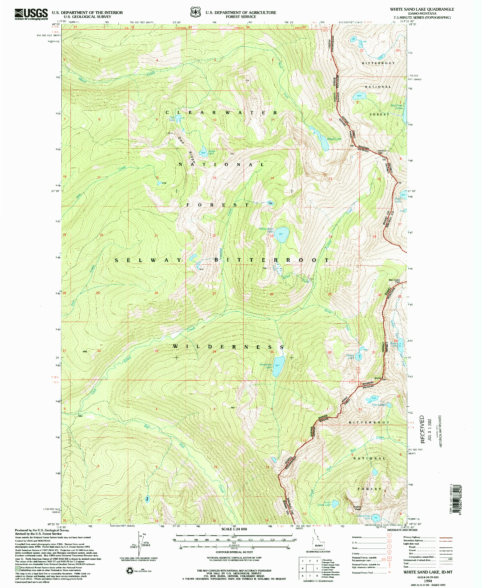 USGS 1:24000-SCALE QUADRANGLE FOR WHITE SAND LAKE, ID 1994