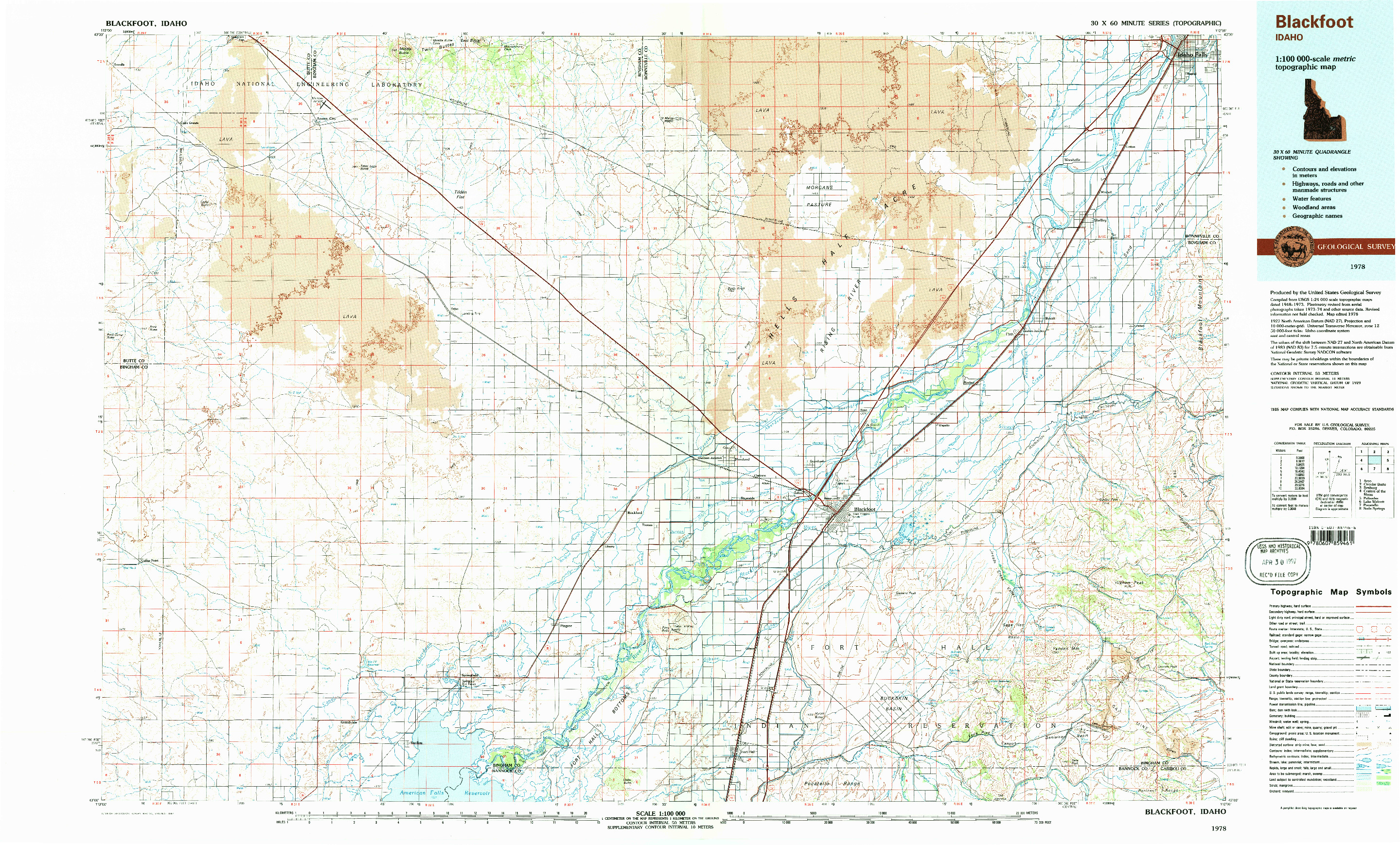 USGS 1:100000-SCALE QUADRANGLE FOR BLACKFOOT, ID 1978