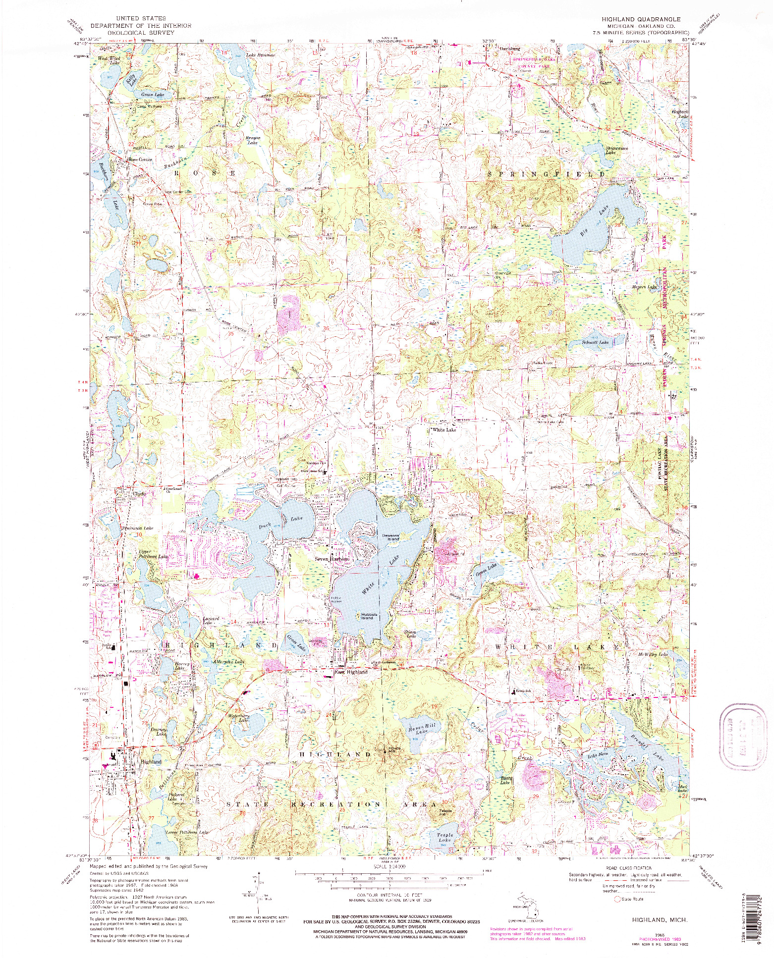 USGS 1:24000-SCALE QUADRANGLE FOR HIGHLAND, MI 1968
