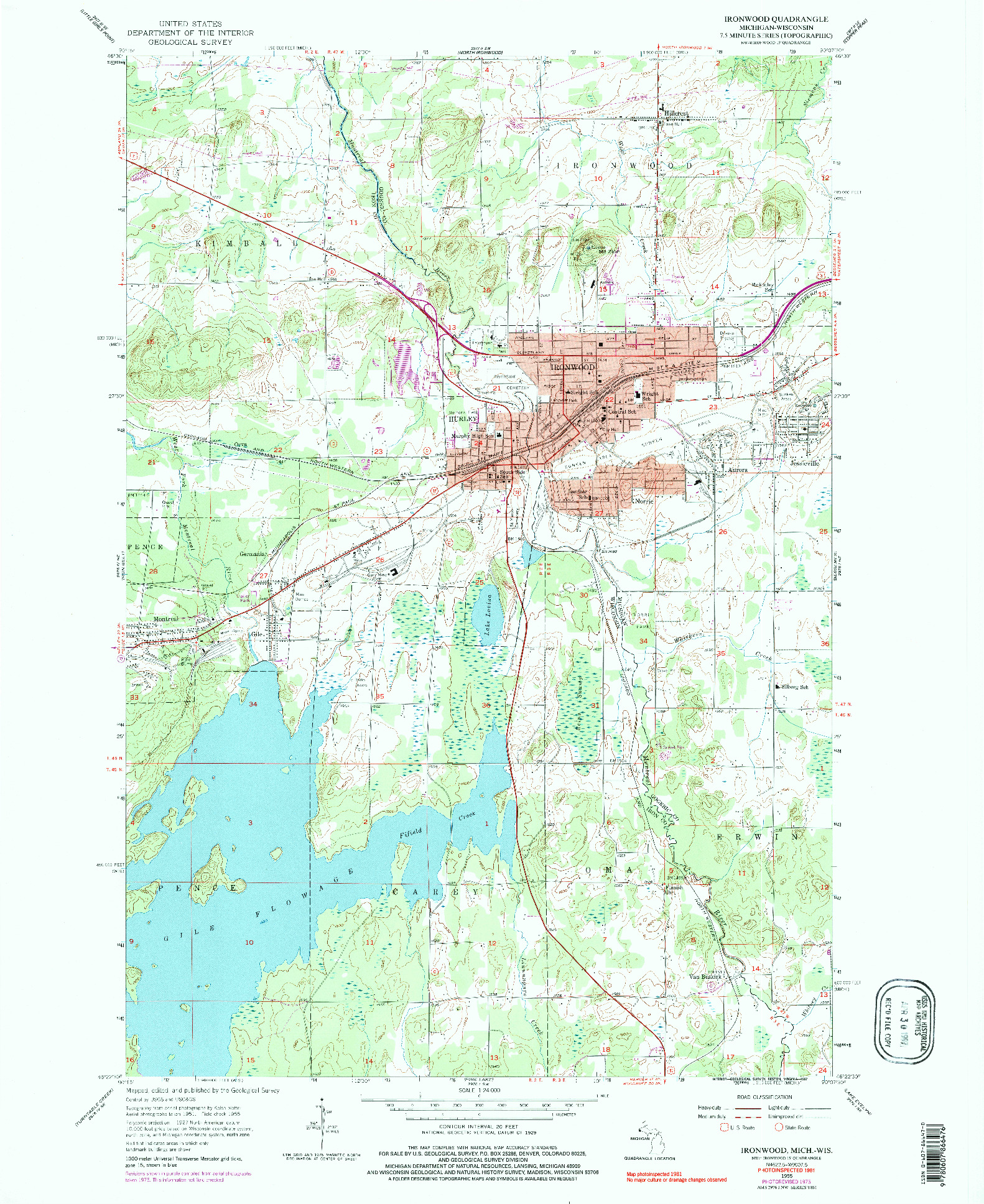 USGS 1:24000-SCALE QUADRANGLE FOR IRONWOOD, MI 1955