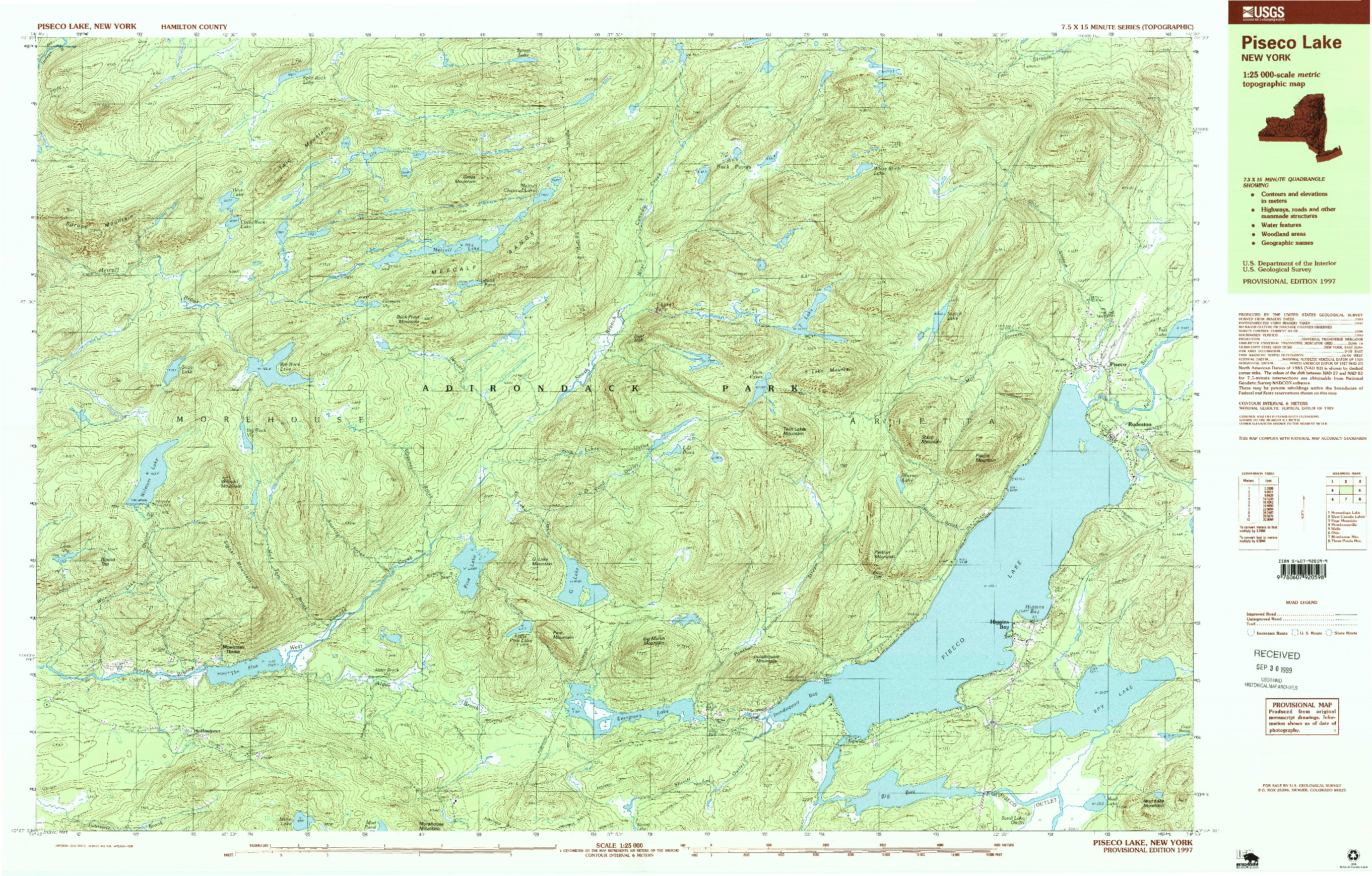 USGS 1:25000-SCALE QUADRANGLE FOR PISECO LAKE, NY 1997